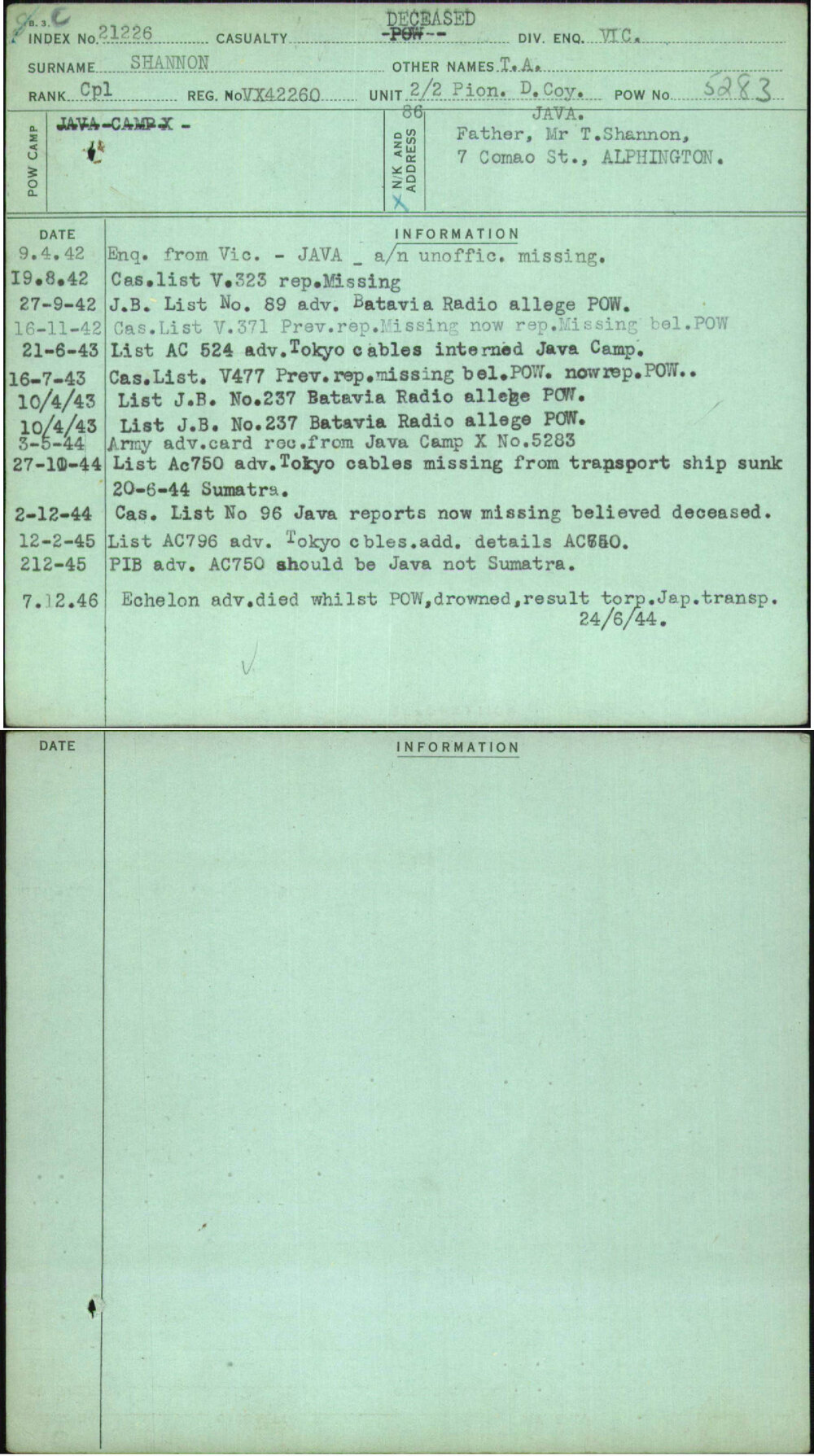 Shannon, T A, VX42260