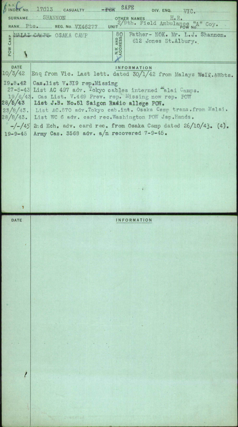 Shannon, H R, VX46277