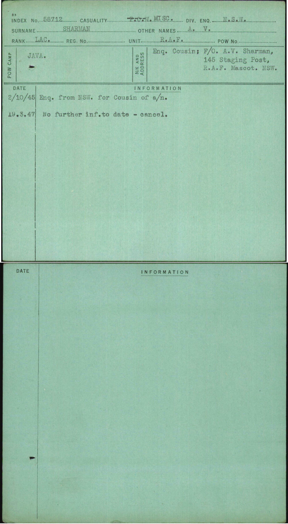 Sharman, A V, [No Service Number]