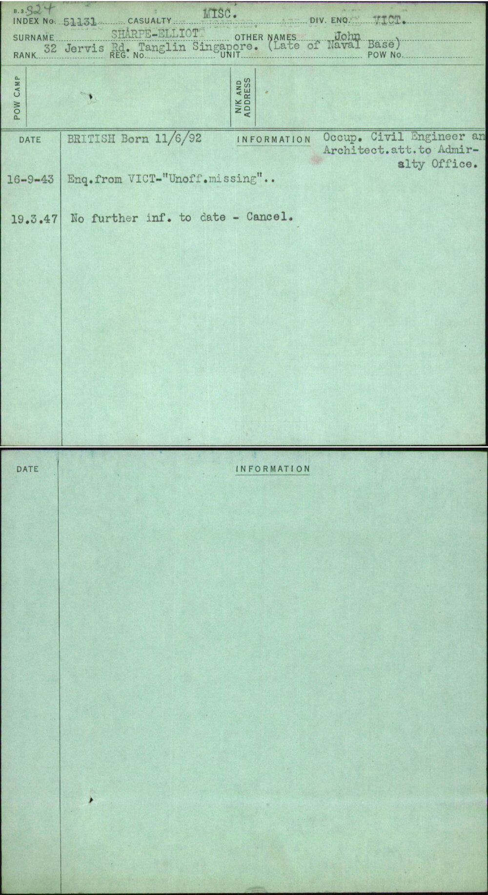 Sharpe-Elliot, John, [No Service Number]