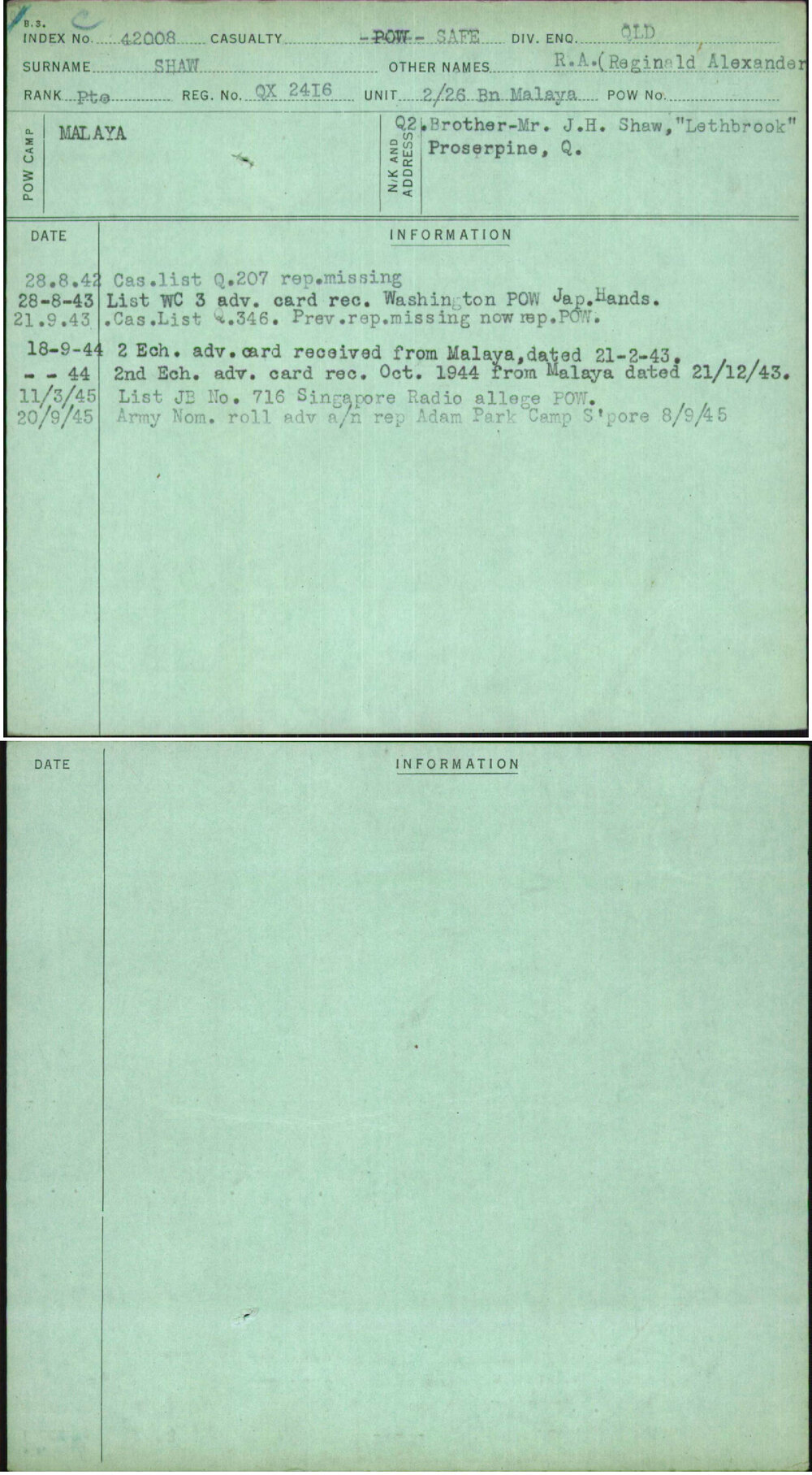 Shaw, R A (Reginald Alexander, QX2416