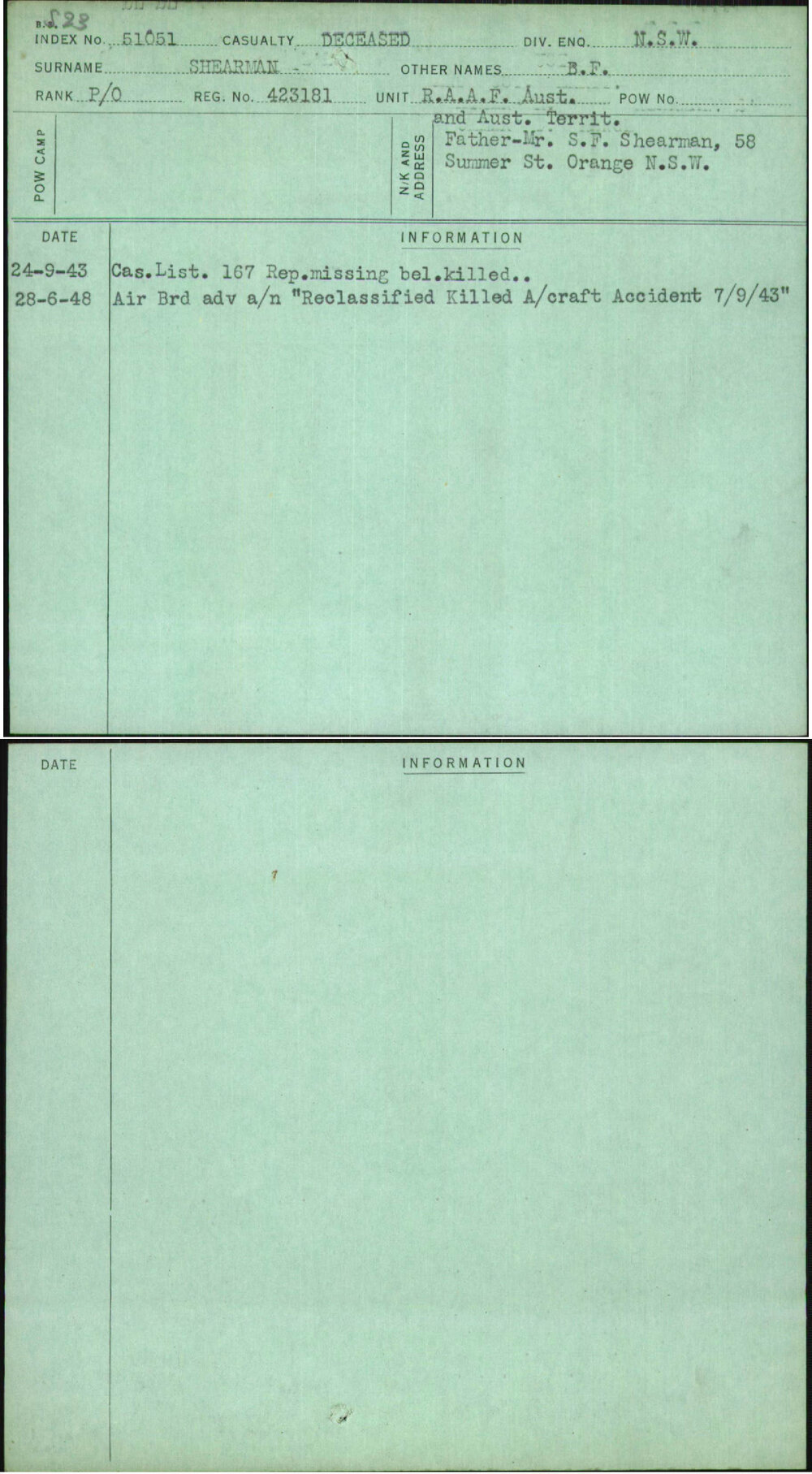 Shearman, B F, 423181