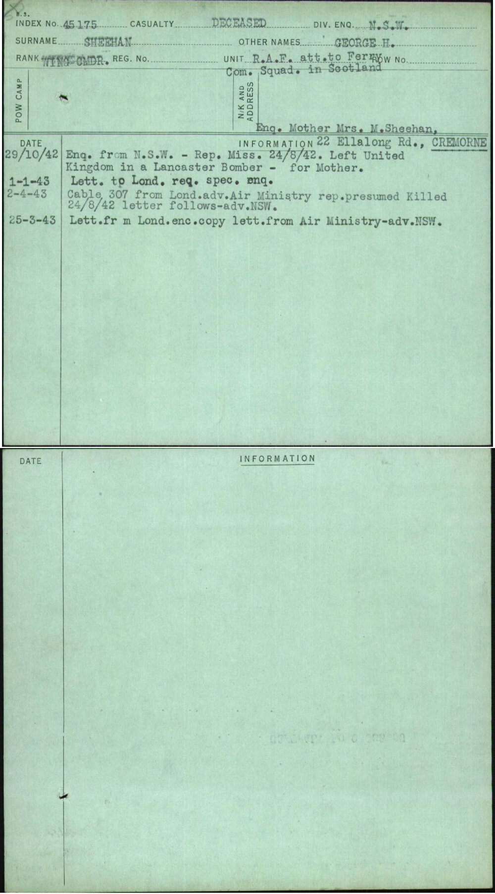 Sheehan, George H, [No Service Number]