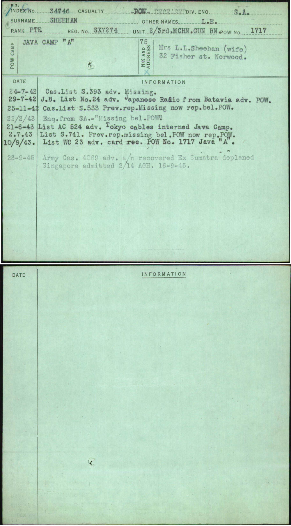 Sheehan, L E, SX7274