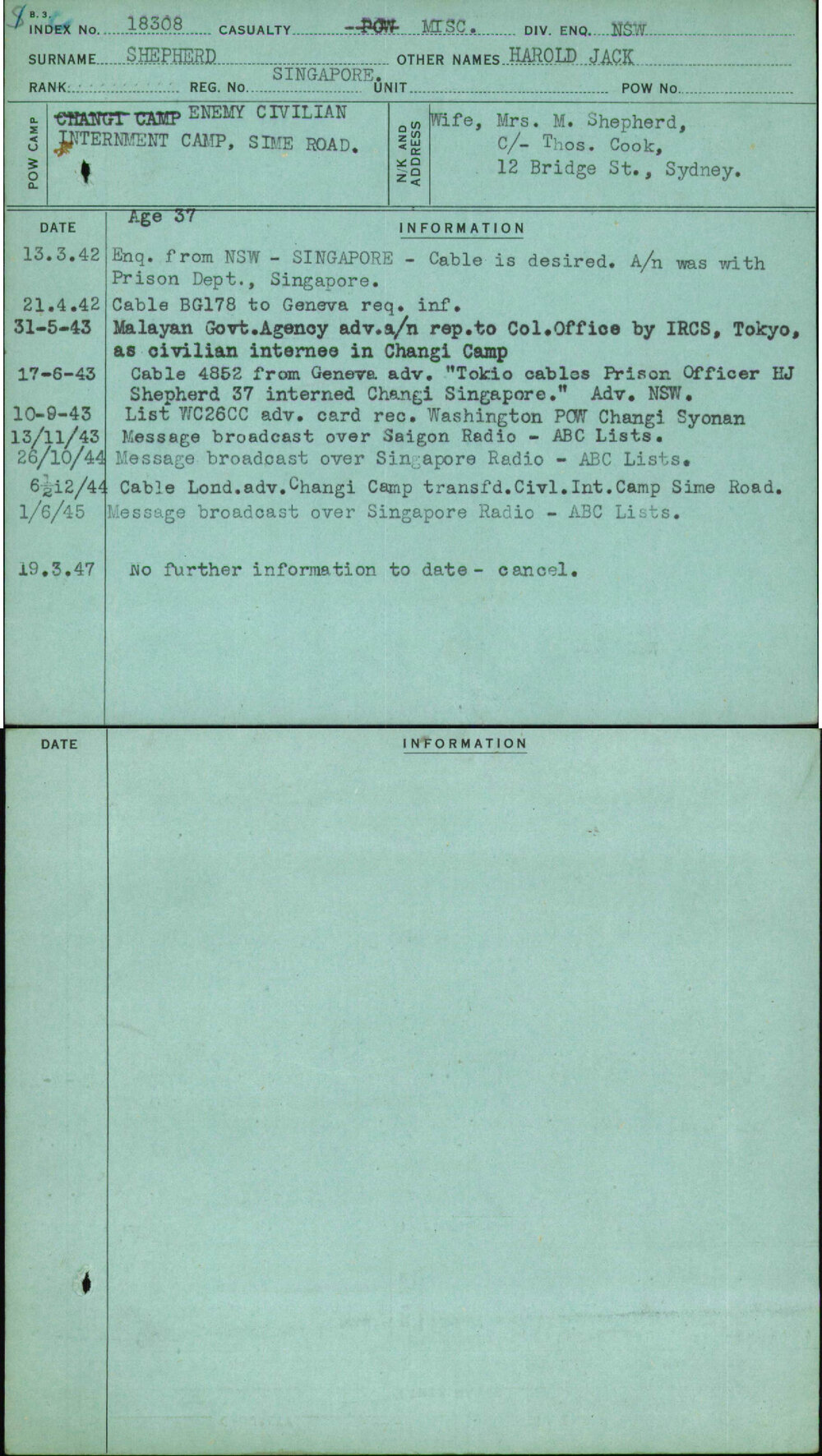 Shepherd, Harold Jack, [No Service Number]