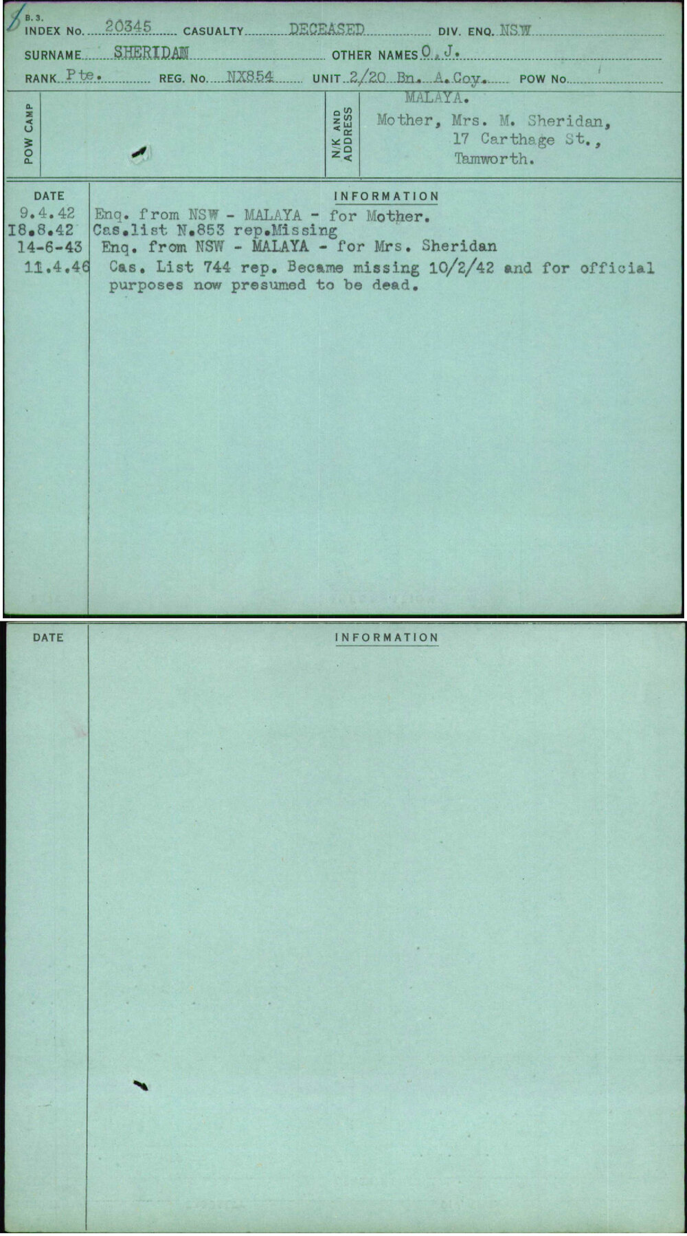 Sheridan, O J, NX854