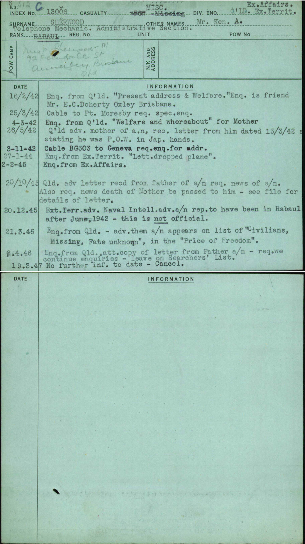 Sherwood, Mr Ken A, [No Service Number]