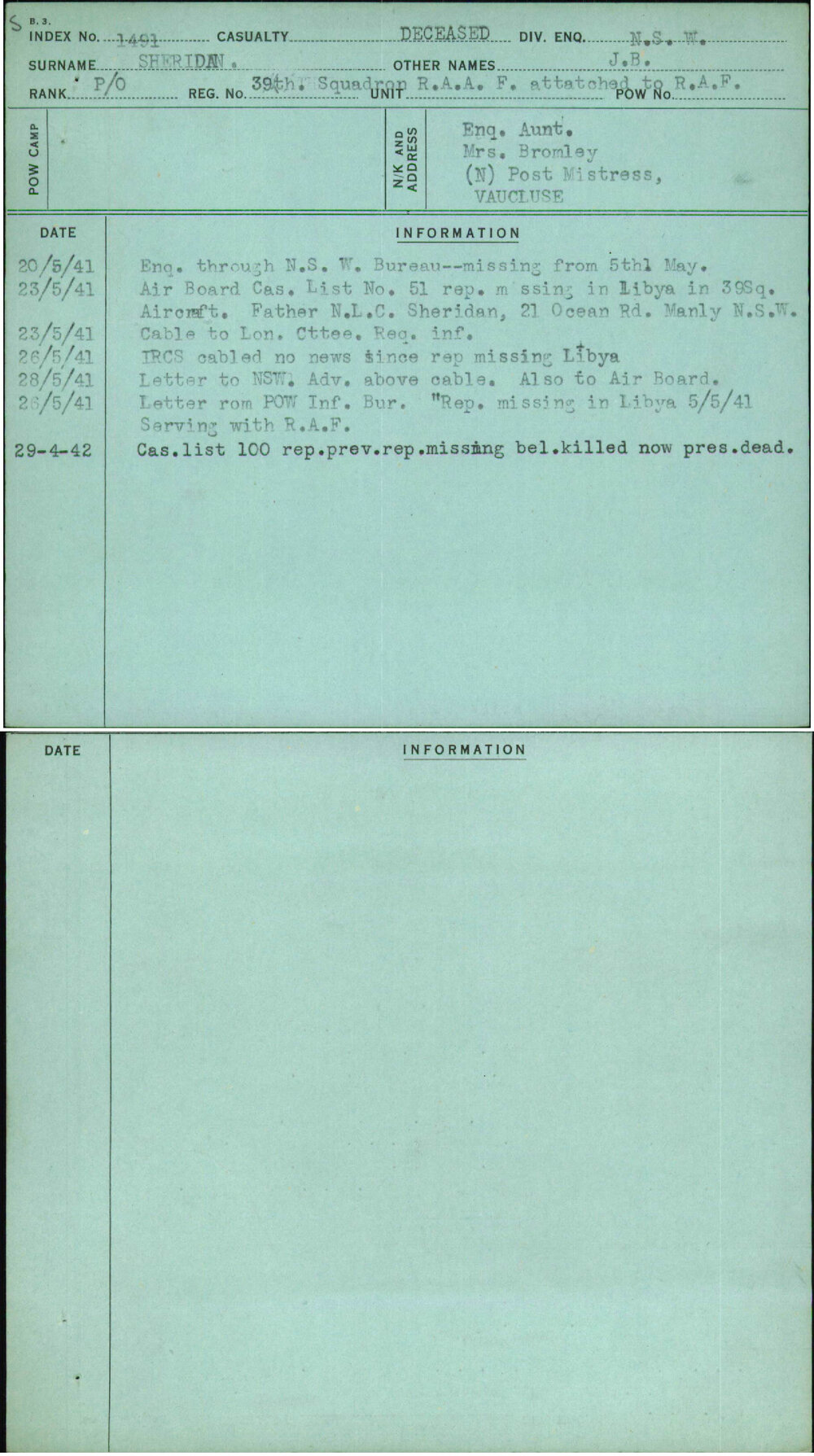 Sheridan, J B, 39 Th Squadron Raaf Attatched To Raf