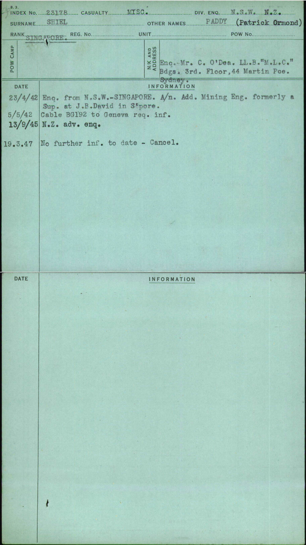 Shiel, Paddy (Patrick Ormond), [No Service Number]