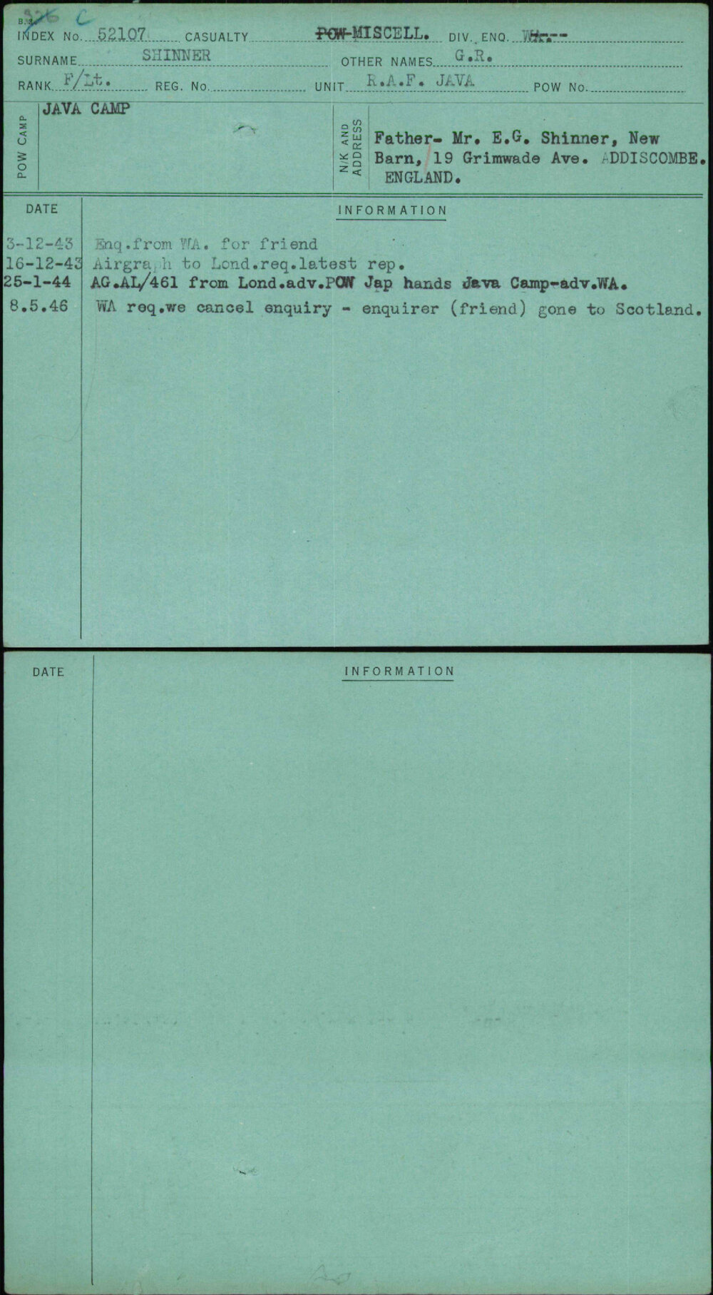 Shinner, G R, [No Service Number]