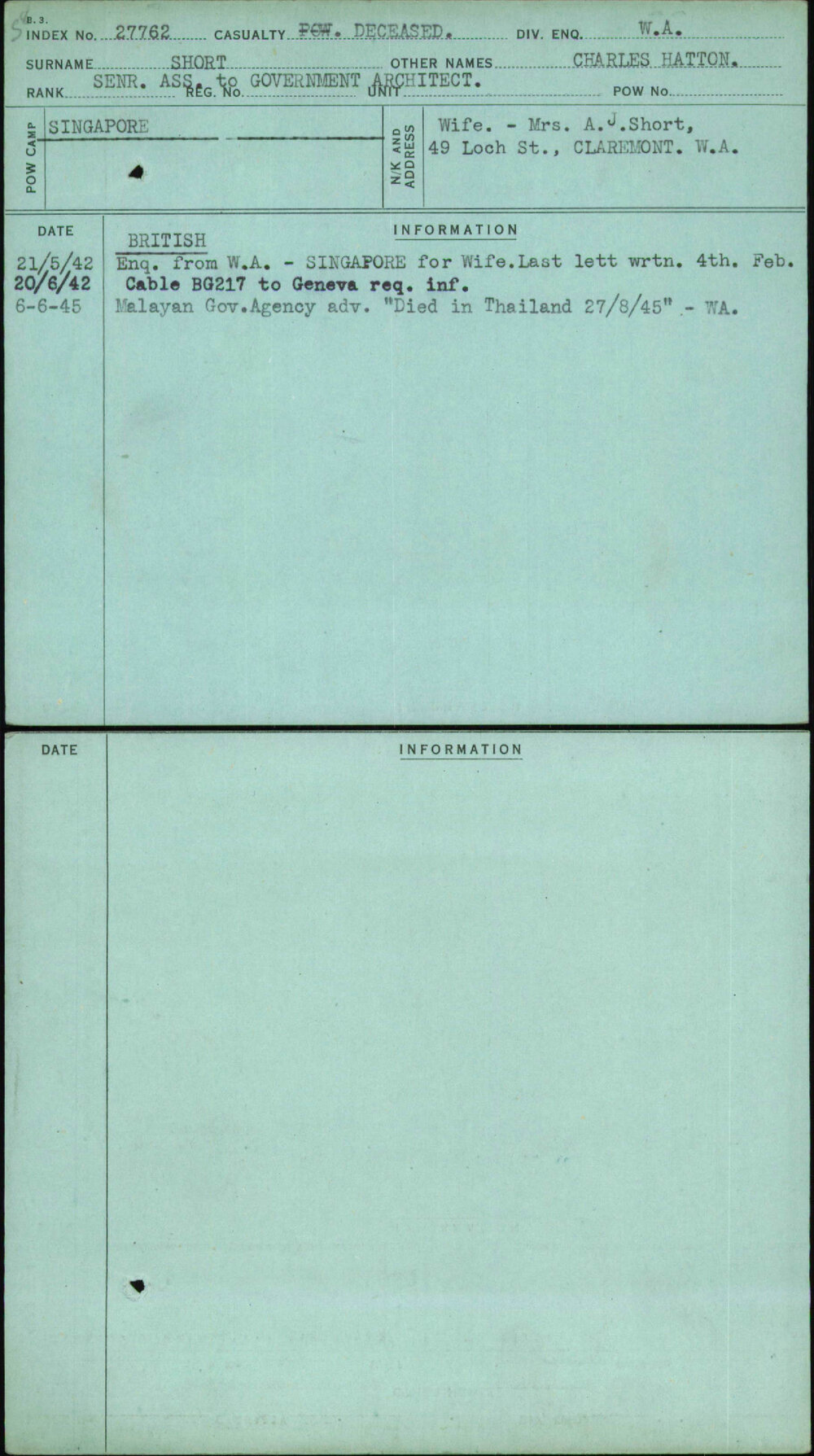 Short, Charles Hatton, [No Service Number]