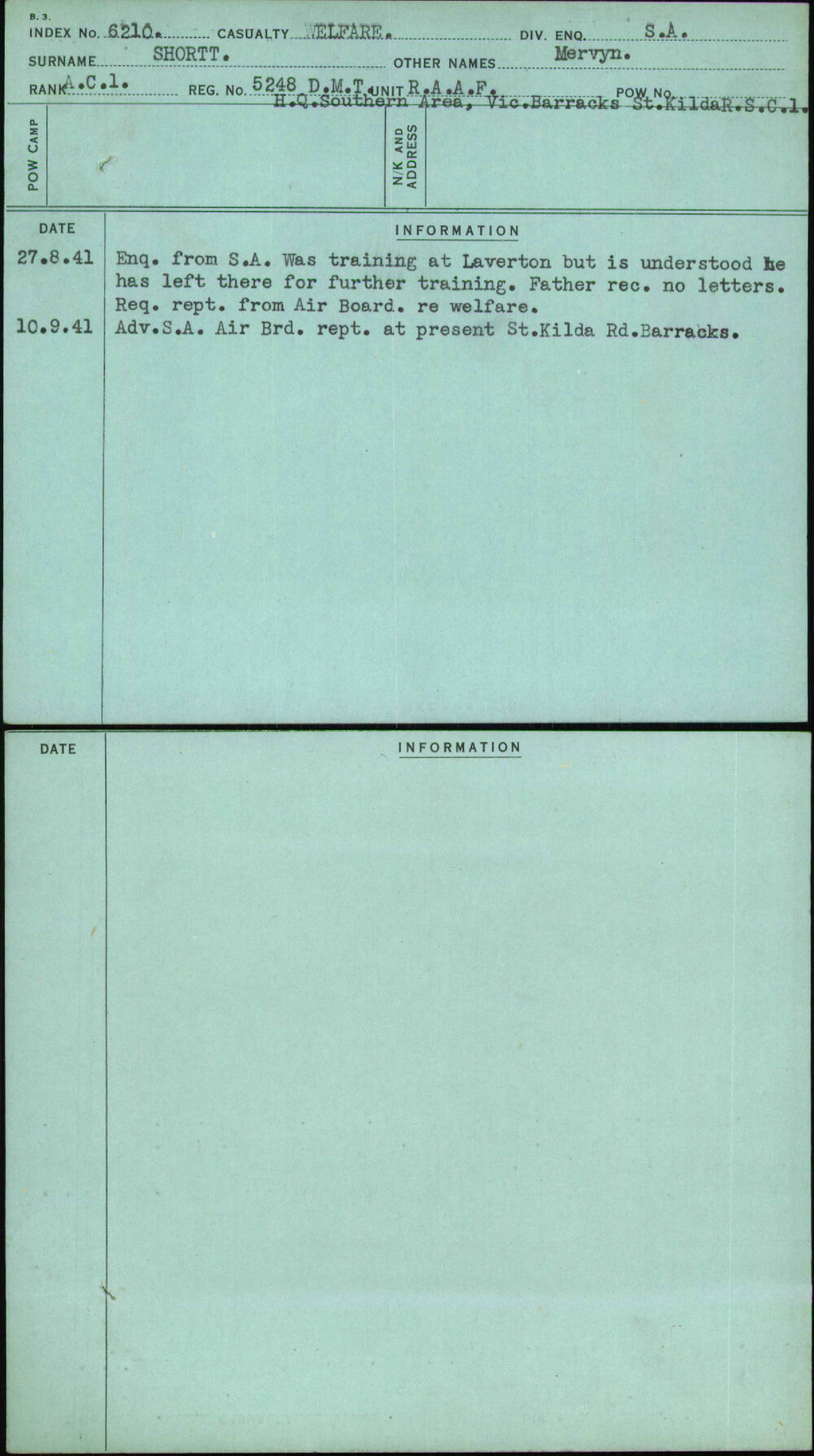 Shortt, Mervyn, [No Service Number]