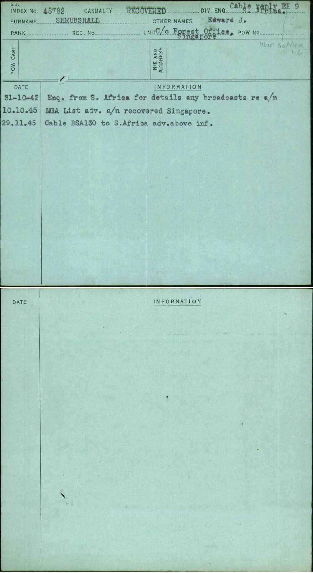 Shrubshall, Edward J, [No Service Number]