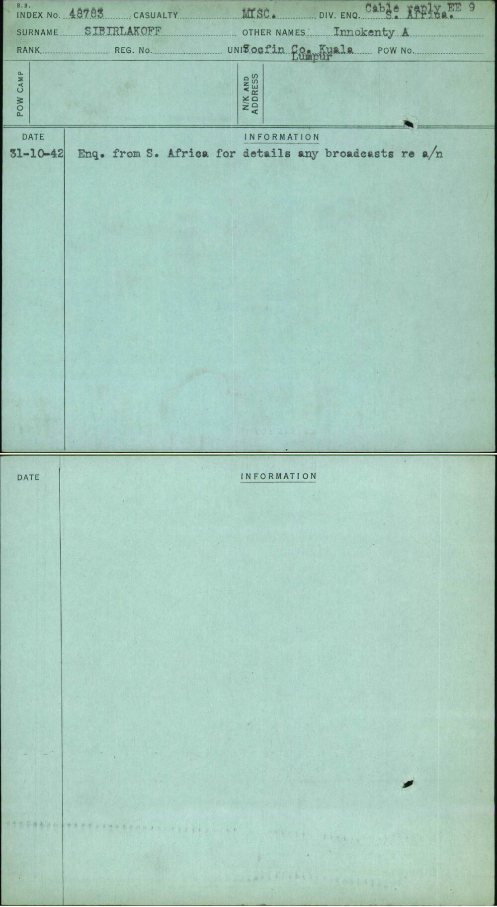 Sibirlakoff, Innokenty A, [No Service Number]