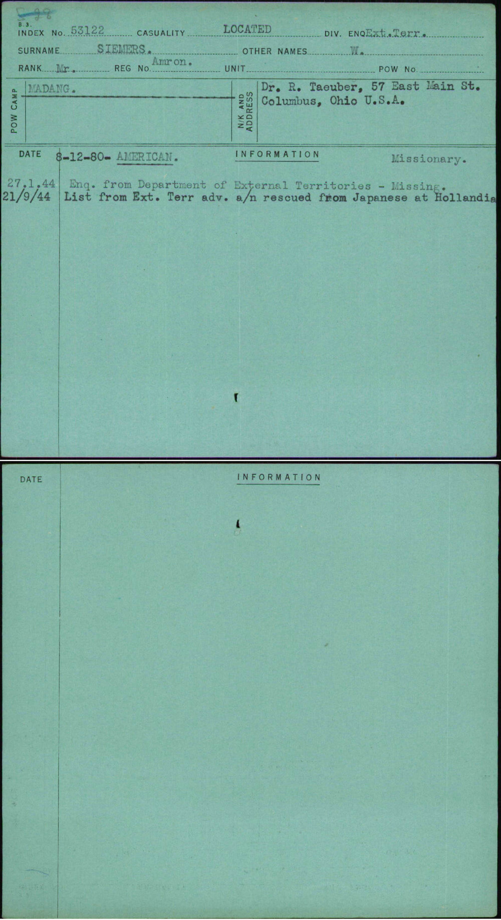 Siemers, W, [No Service Number]