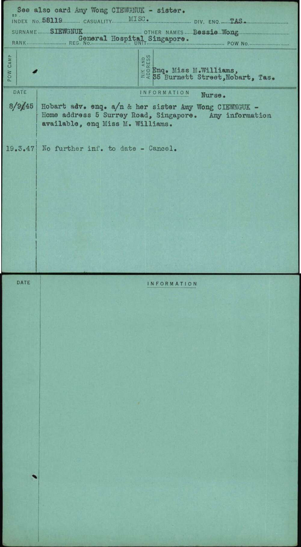 Siewgnuk, Bessie Wong, [No Service Number]