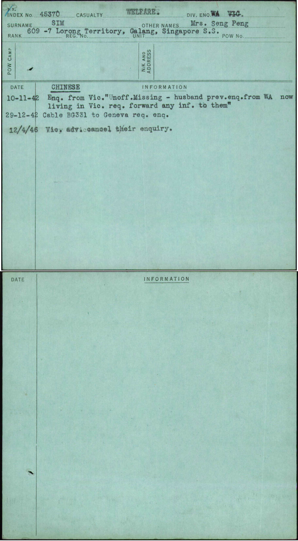 Sim, Mrs Seng Peng, [No Service Number]