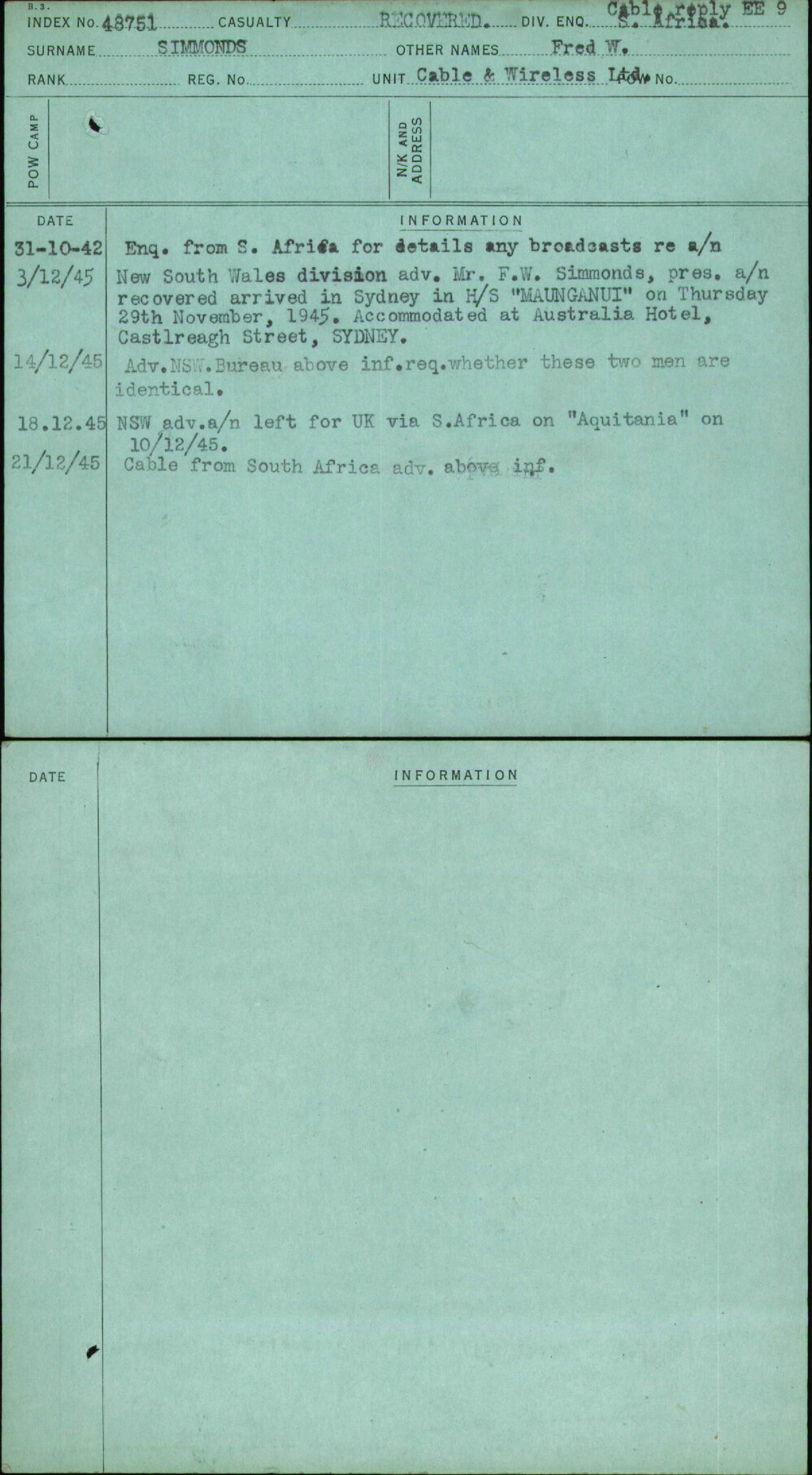 Simmonds, Fred W, [No Service Number]