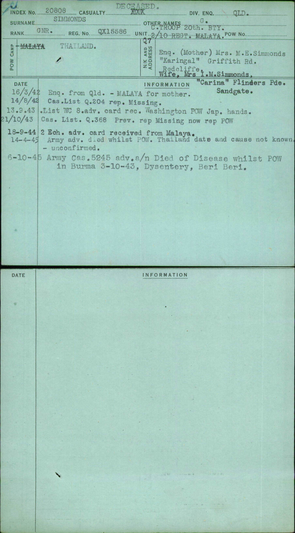 Simmonds, G, QX15586