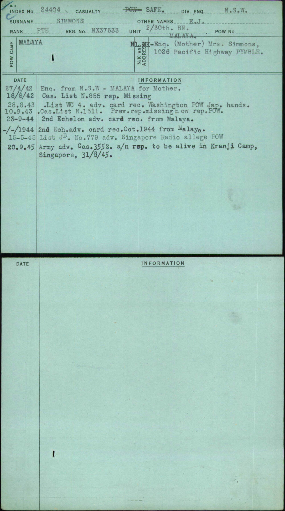 Simmons, E J, NX37533