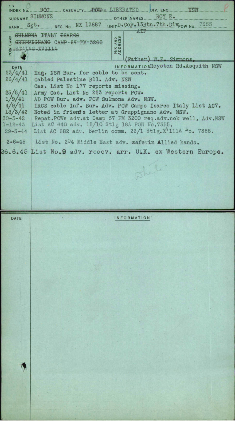 Simmons, Roy E, NX13887