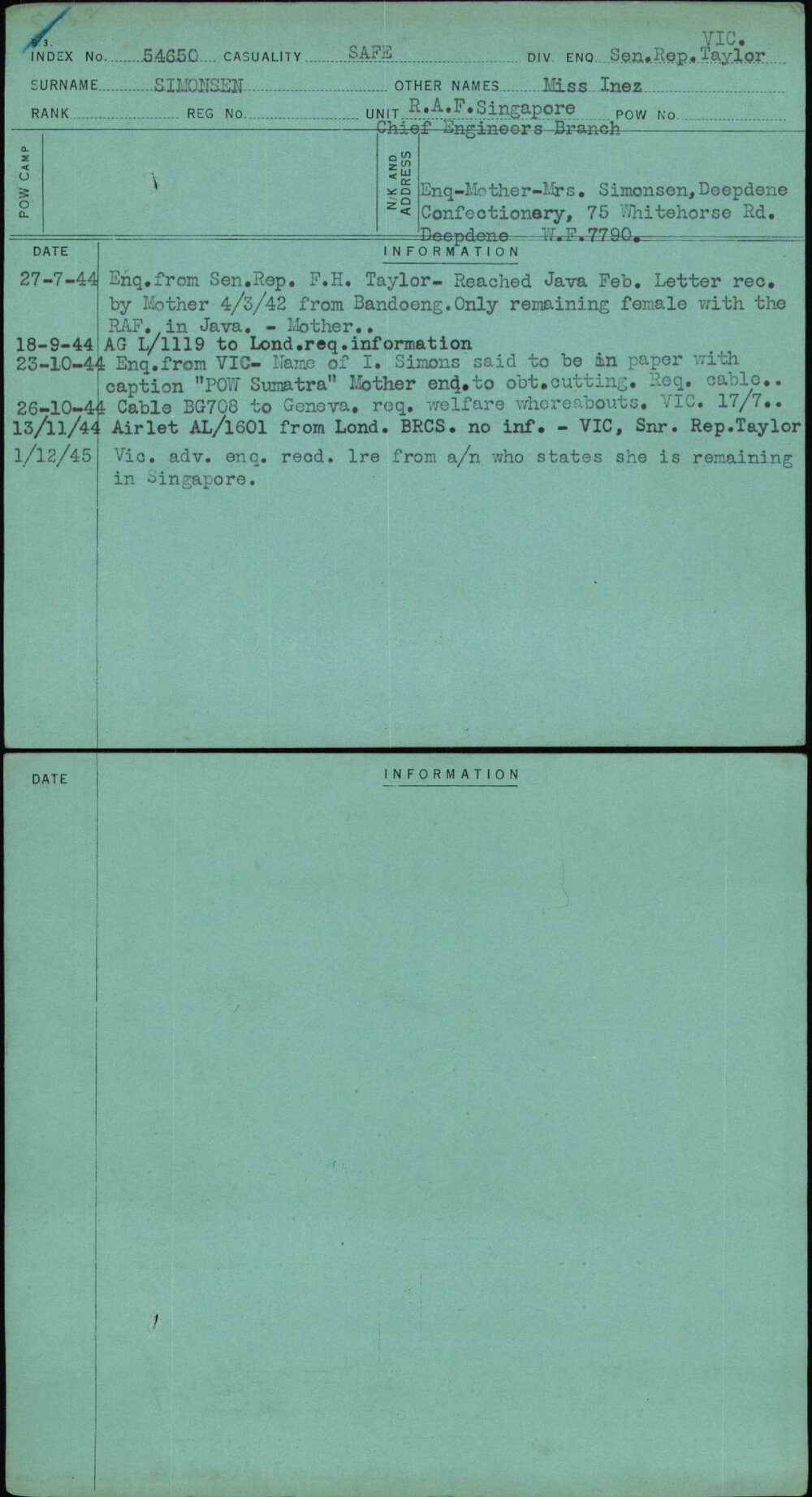 Simonsen, Miss Inez, [No Service Number]