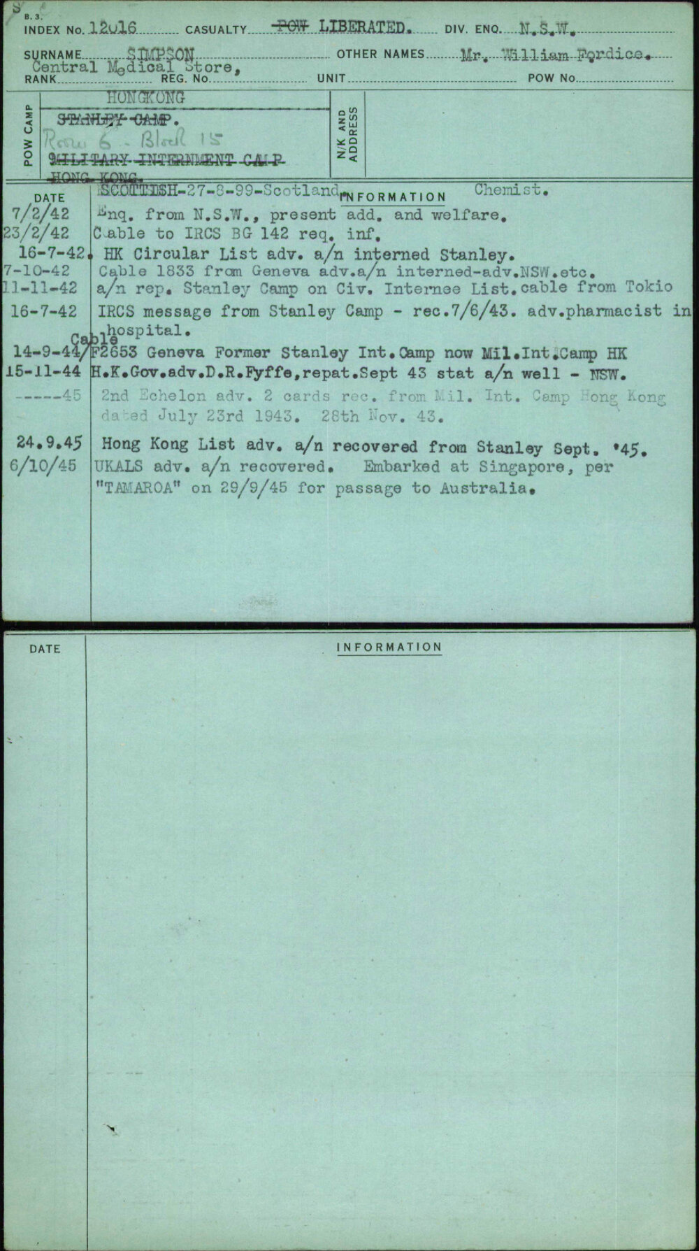 Simpson, Mr William Fordice, [No Service Number]