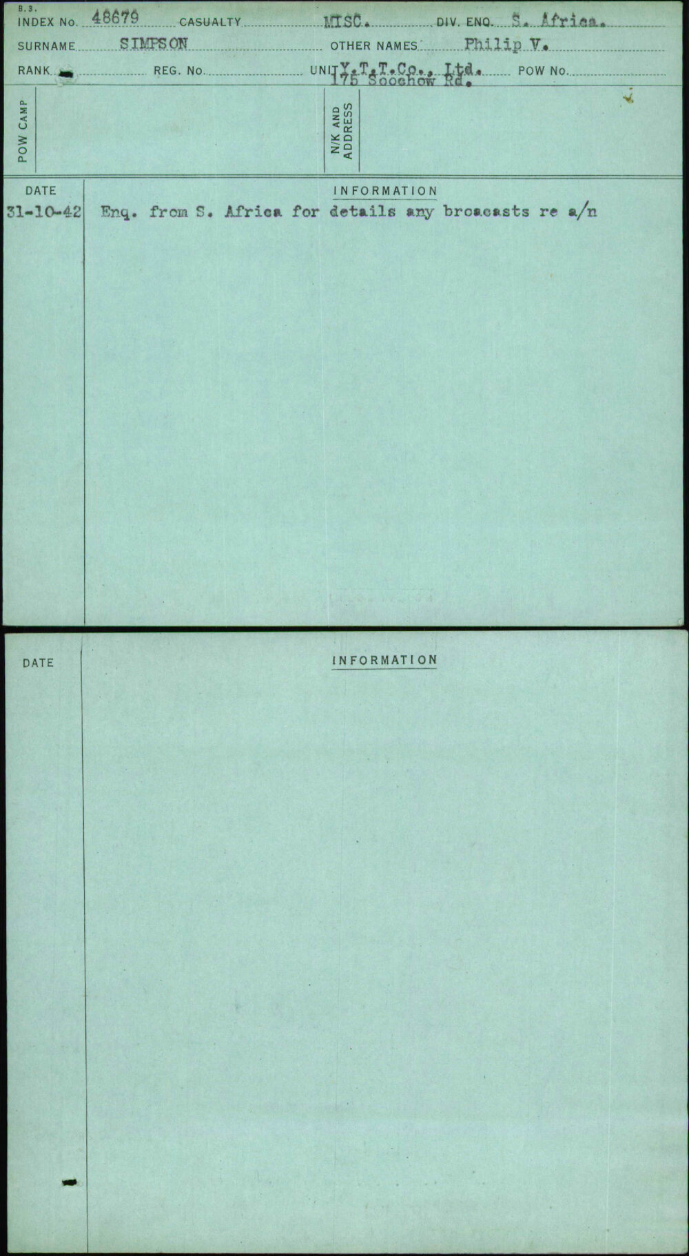 Simpson, Philip V, [No Service Number]