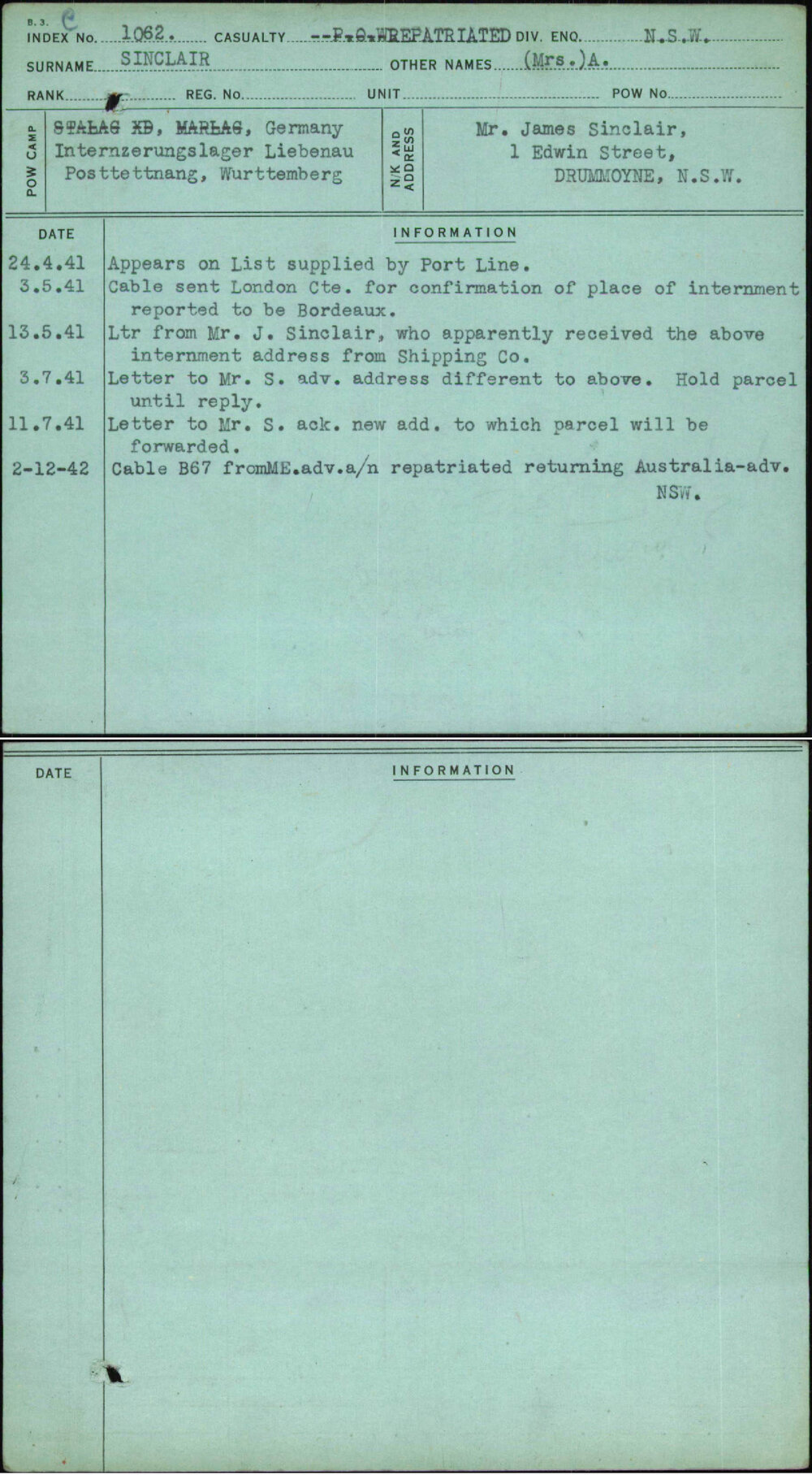 Sinclair, (Mrs) A, [No Service Number]
