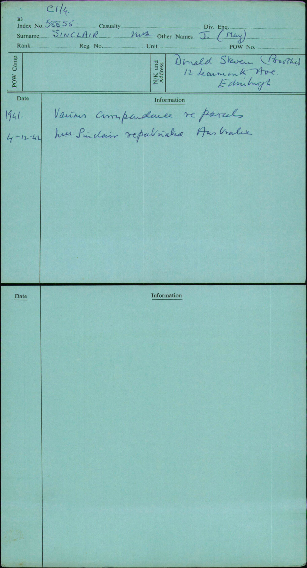 Sinclair, J (May), [No Service Number]