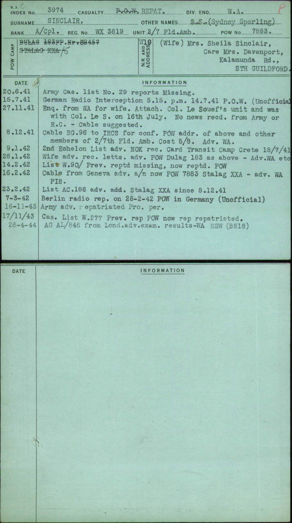 Sinclair, S S (Sydney Sperling), WX3819