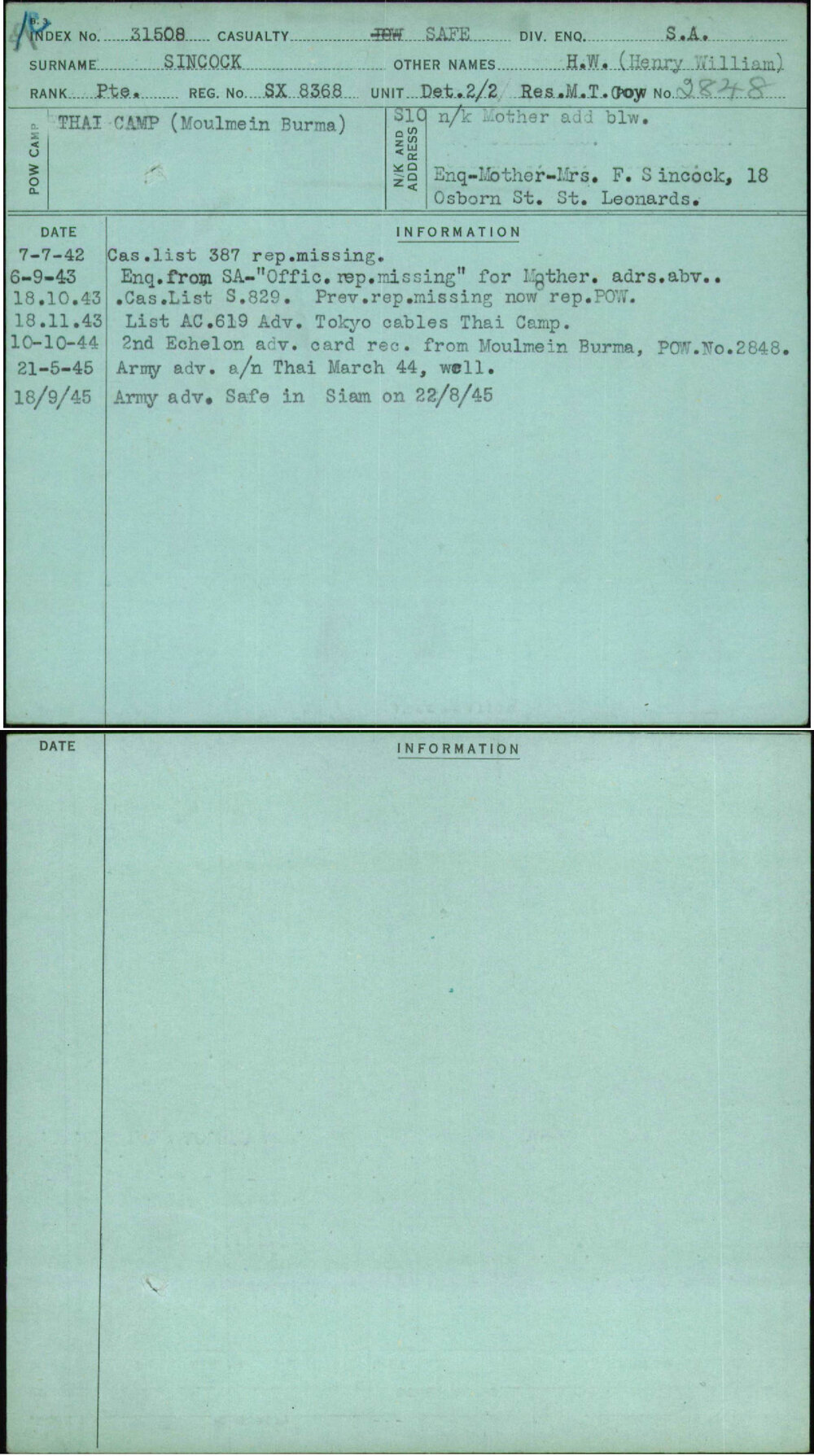 Sincock, H W (Henry William), SX8368