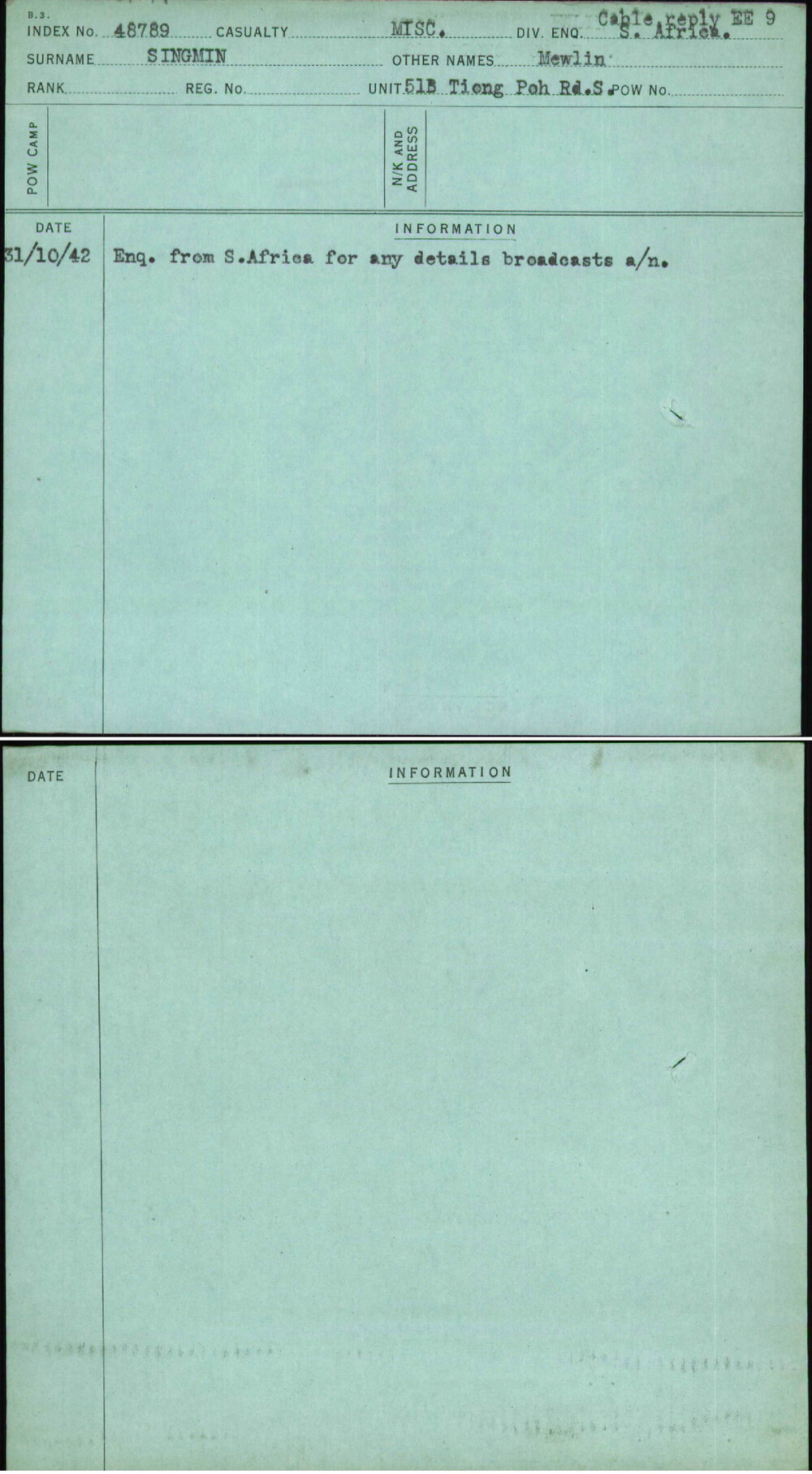 Singmin, Mewlin, [No Service Number]