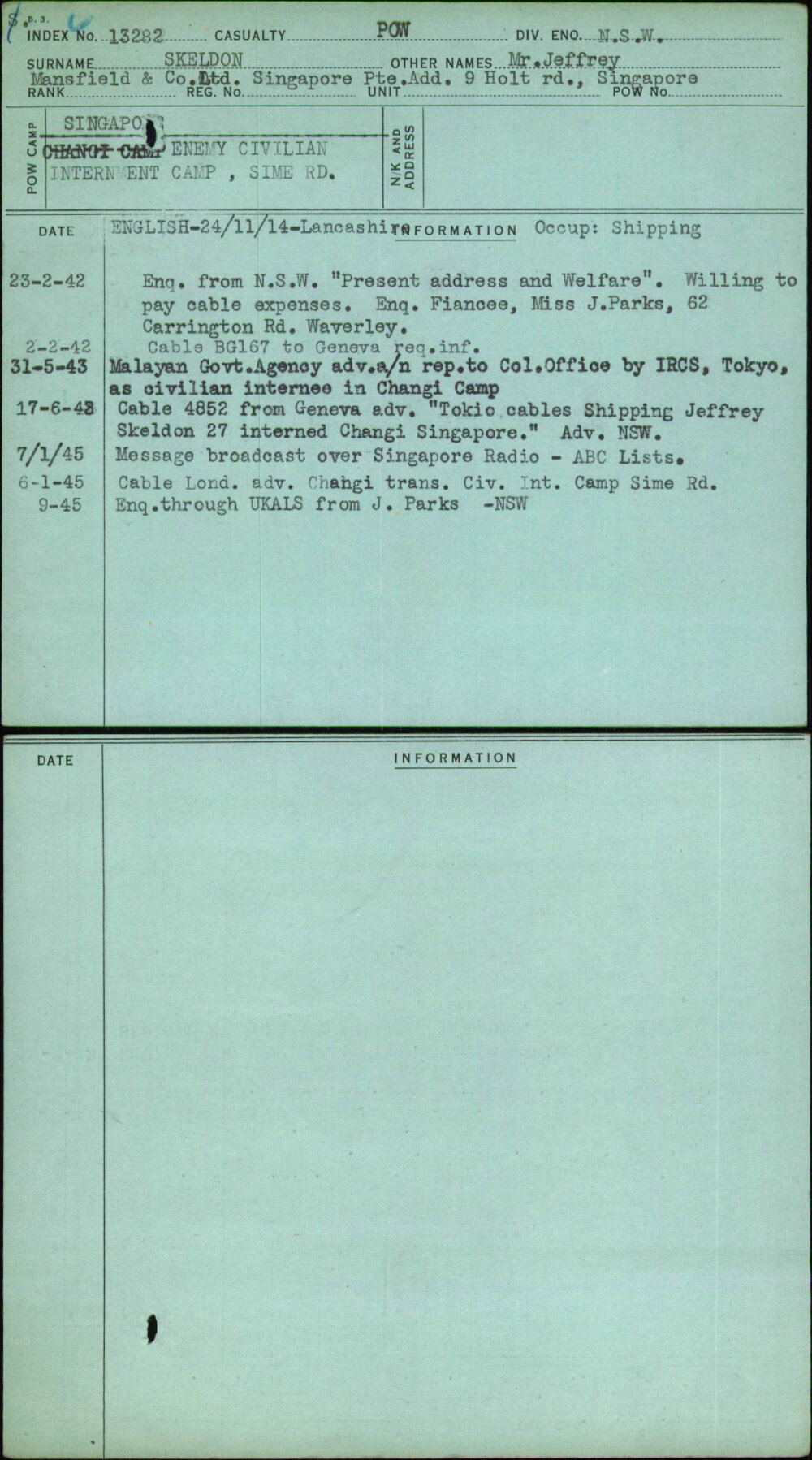 Skeldon, Mr Jeffrey, [No Service Number]