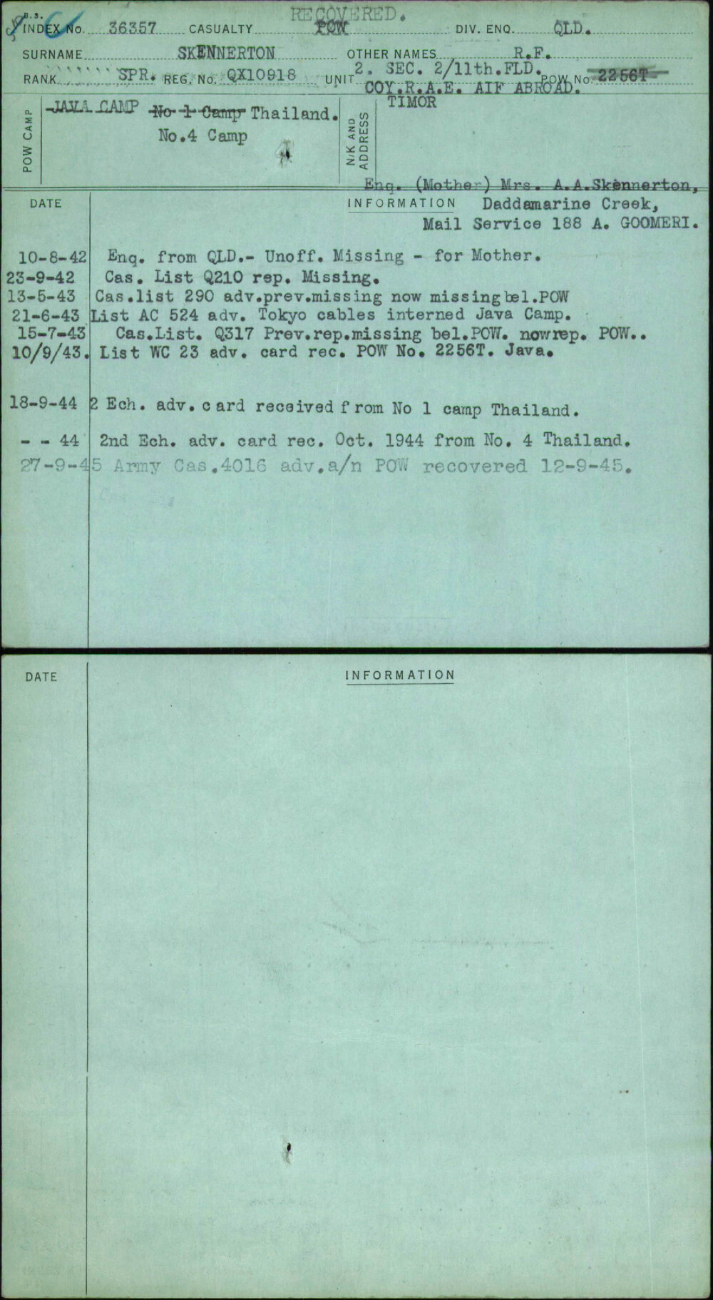 Skennerton, R F, QX10918