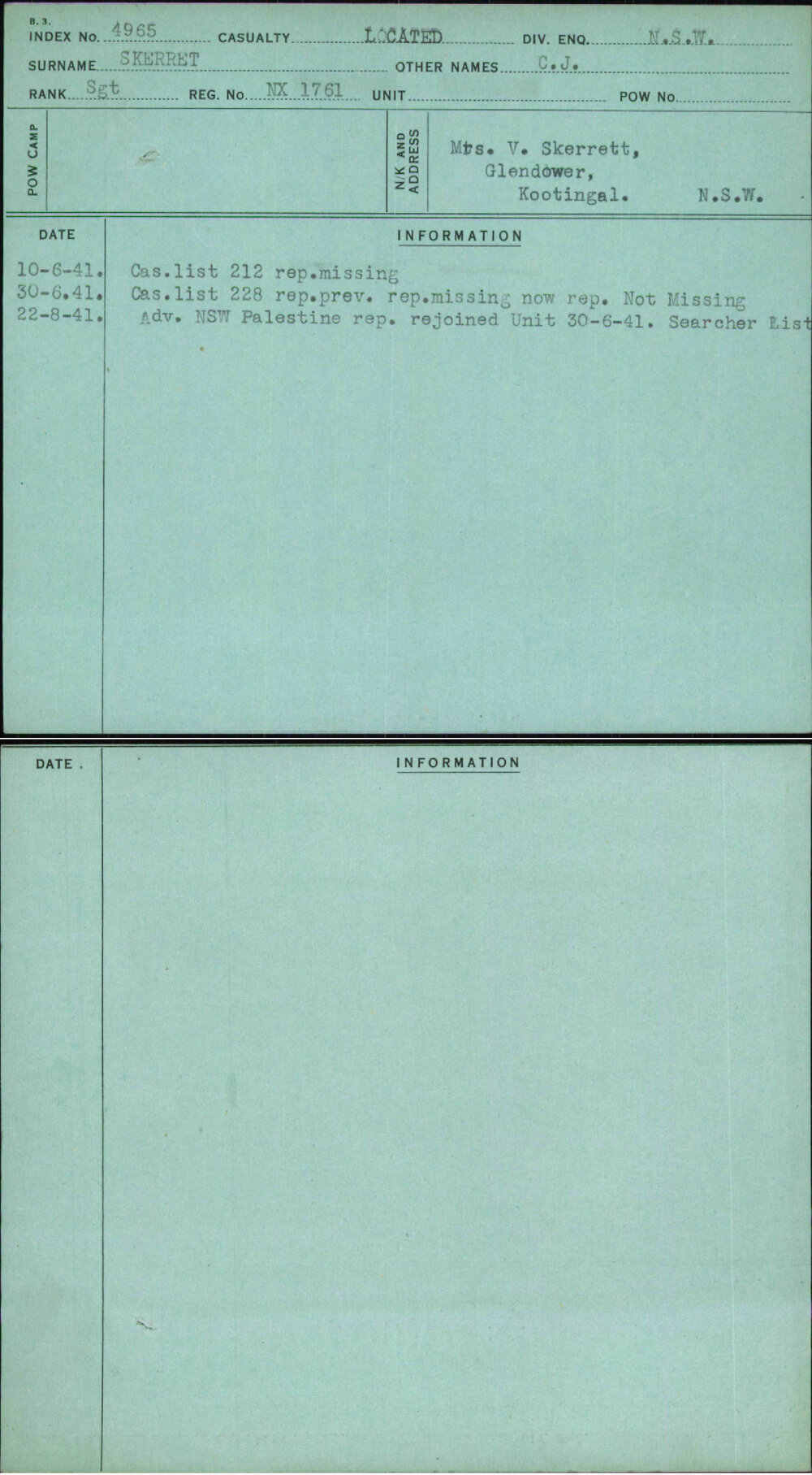 Skerret, C J, NX1761