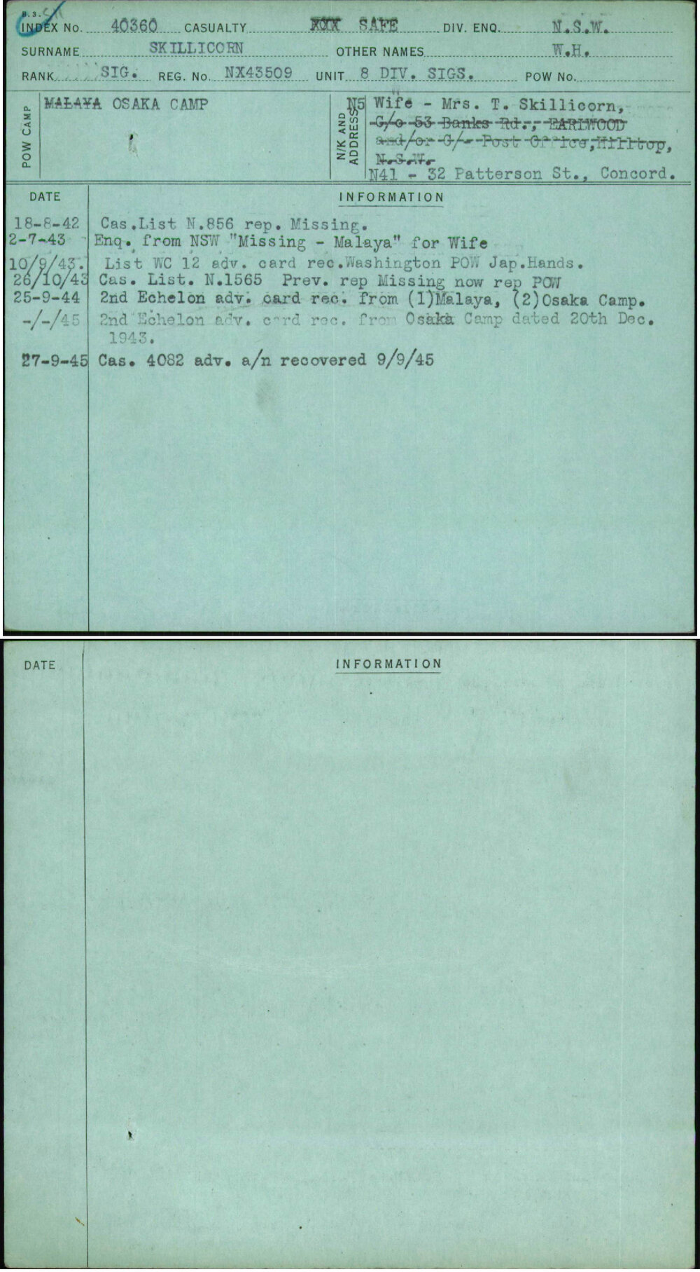 Skillicorn, W H, NX43509