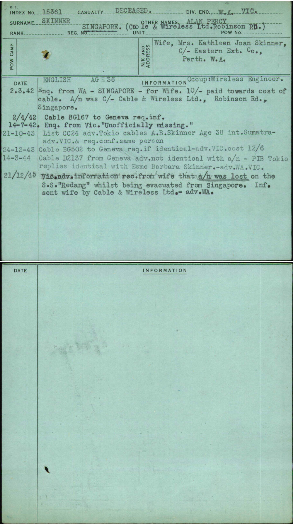 Skinner, Alan Percy, [No Service Number]