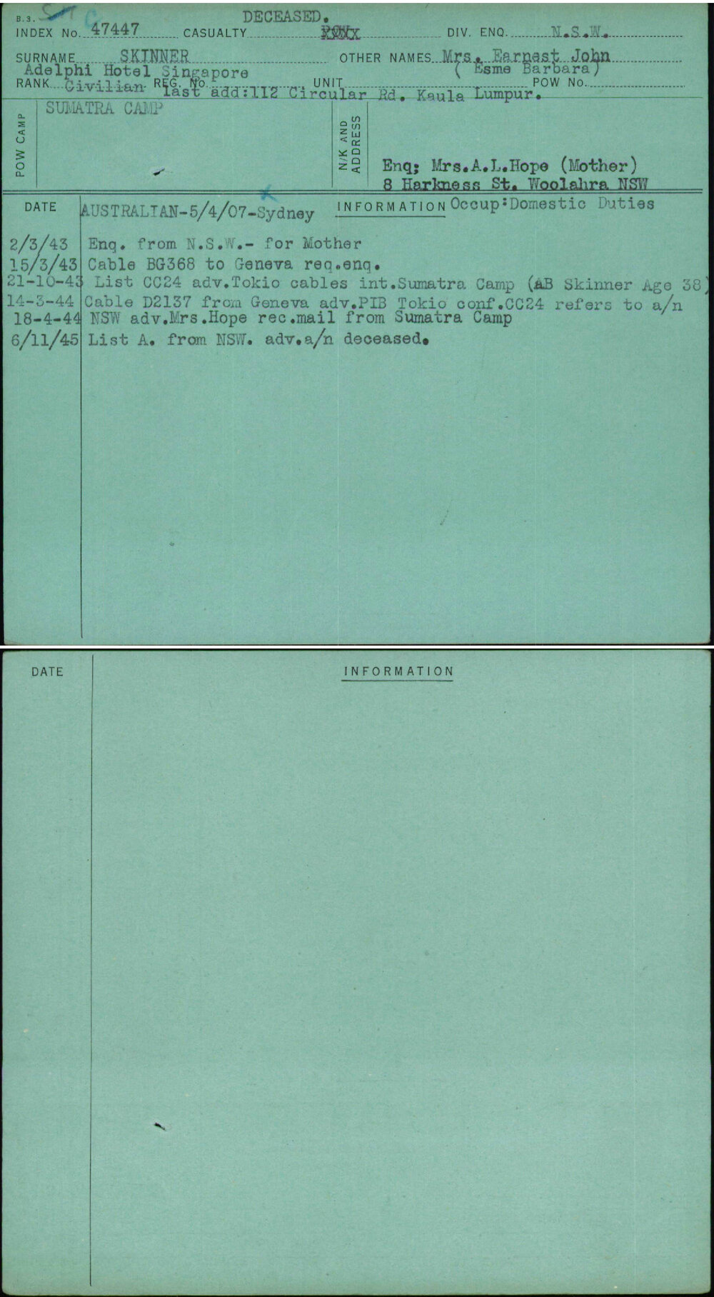 Skinner, Mrs Earnest John, [No Service Number]