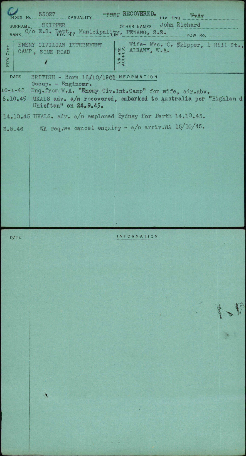 Skipper, John Richard, [No Service Number]