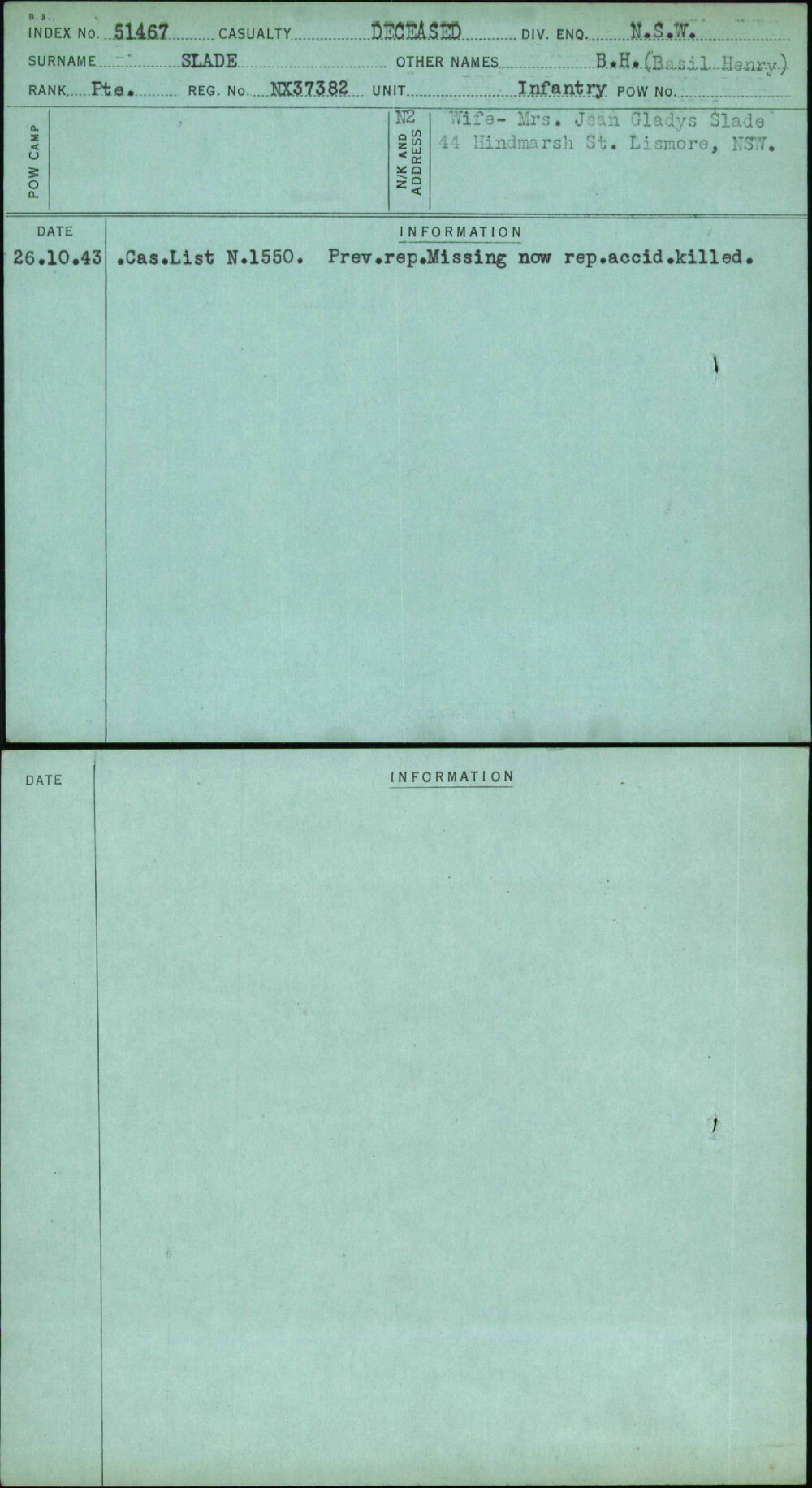 Slade, B H (Basil Henry), NX37382