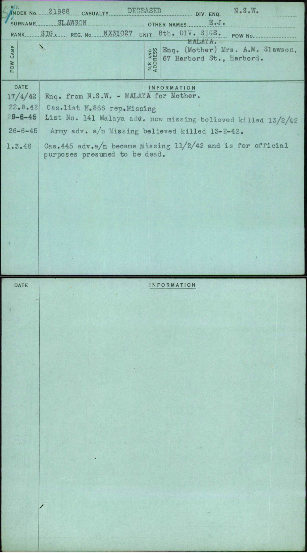 Slawson, E J, NX31027