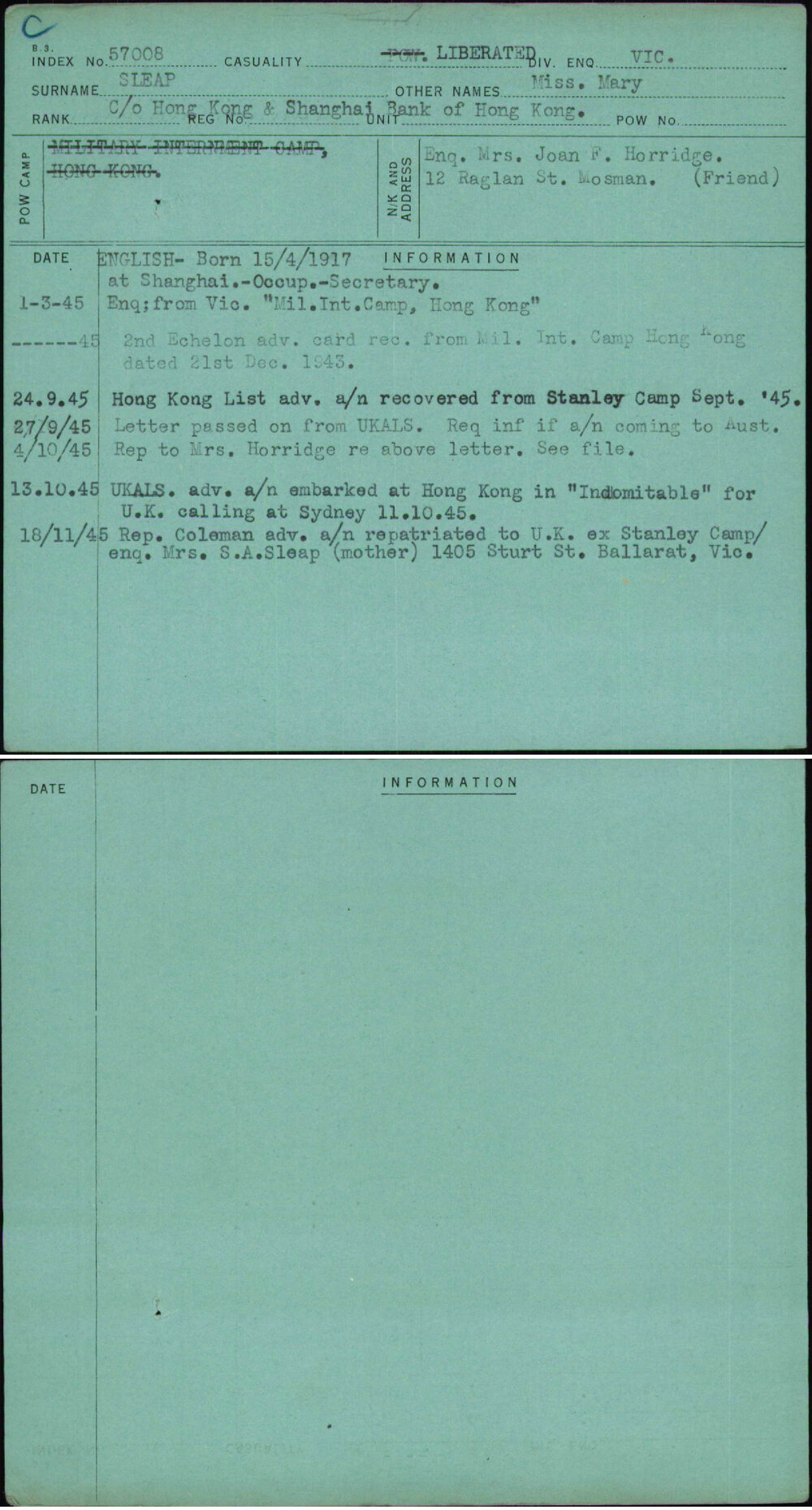 Sleap, Miss Mary, [No Service Number]