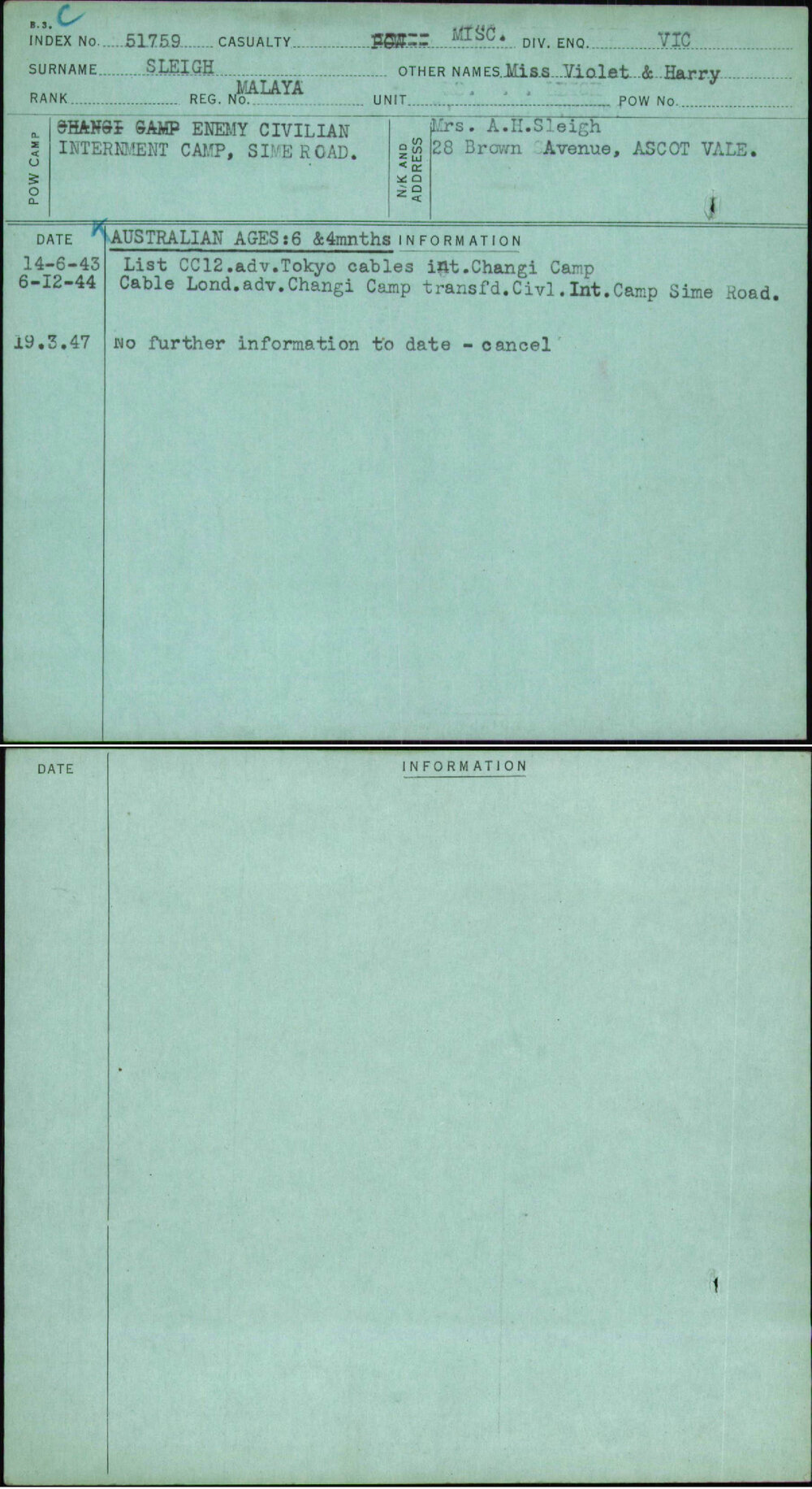 Sleigh, Miss Violet &amp; Harry, Malaya