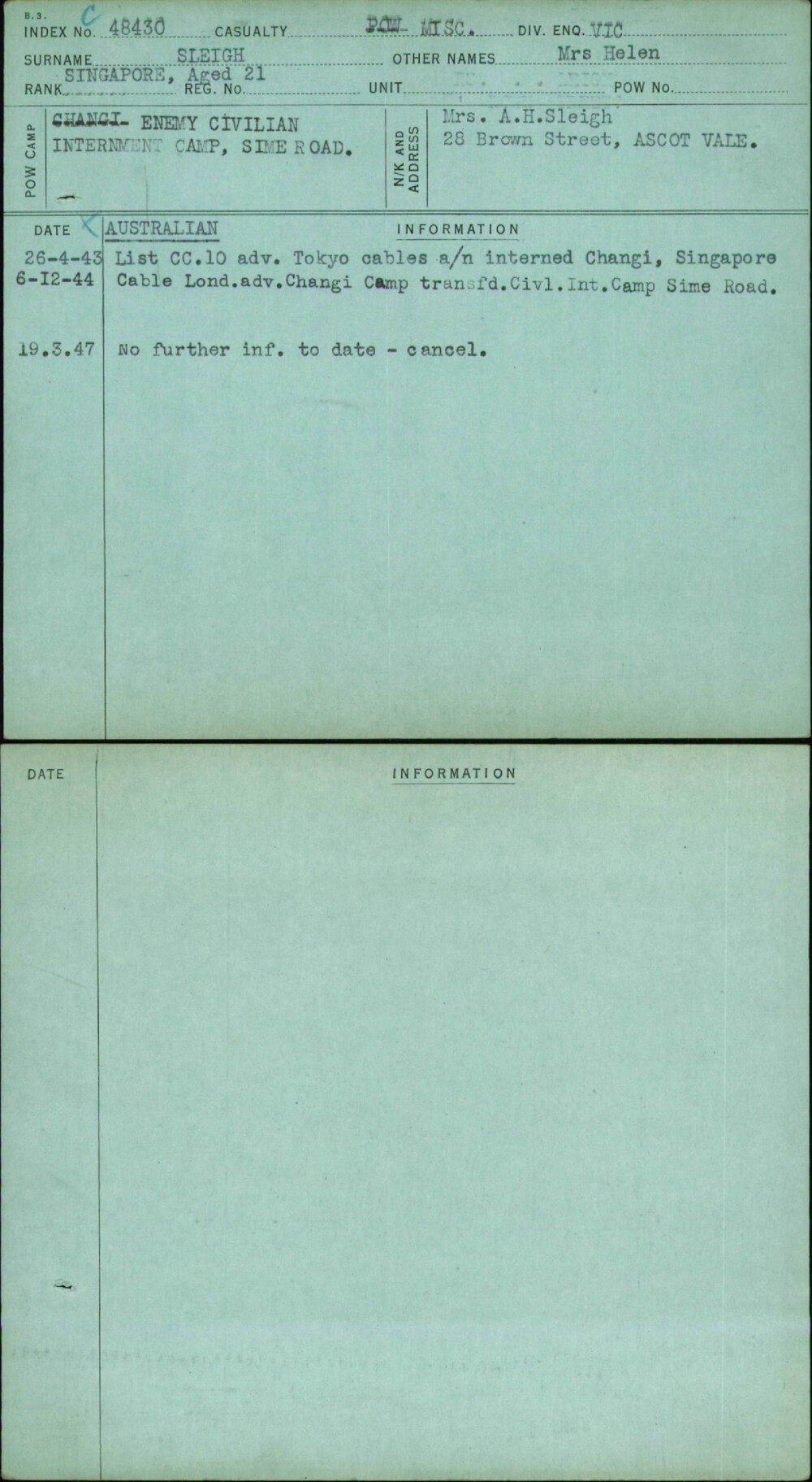 Sleigh, Mrs Helen, [No Service Number]