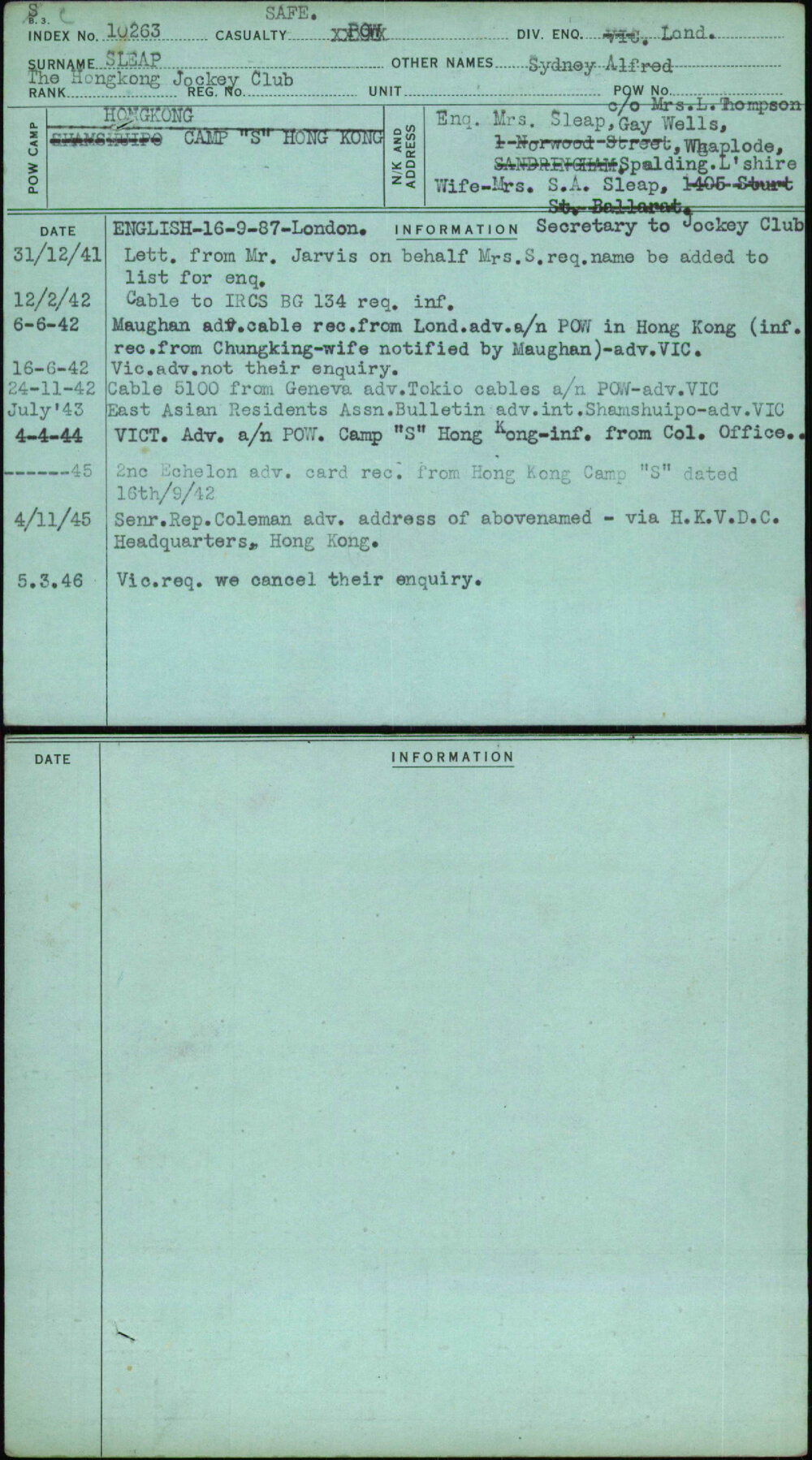 Sleap, Sydney Alfred, [No Service Number]