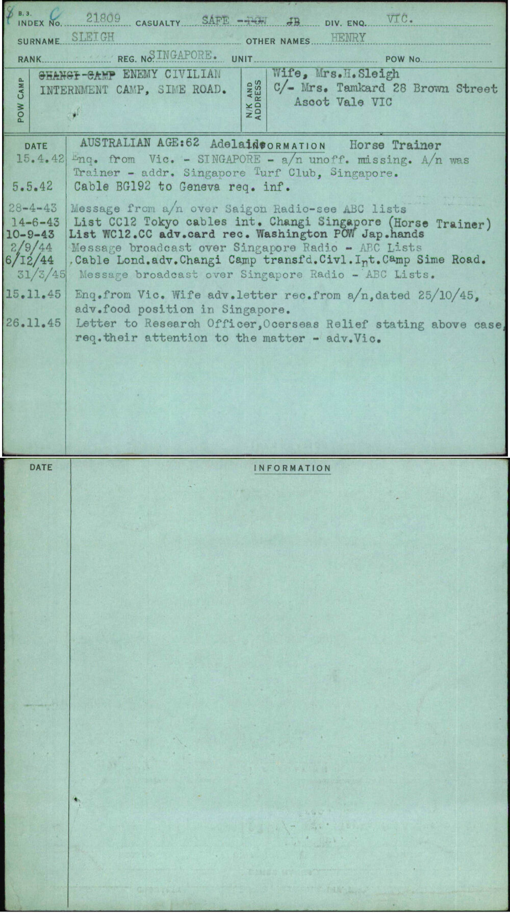 Sleigh, Henry, [No Service Number]