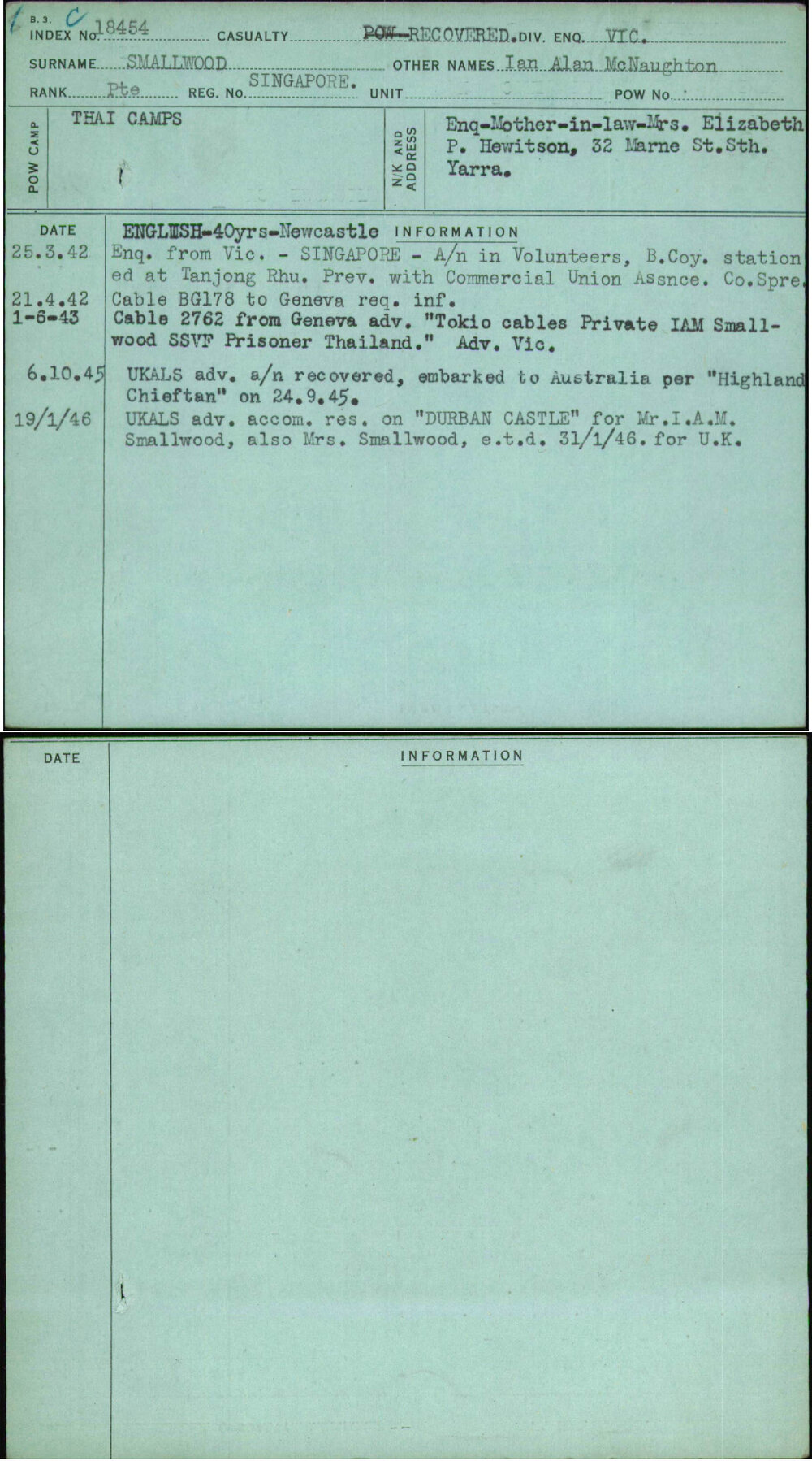 Smallwood, Ian Alan Mcnaughton, [No Service Number]