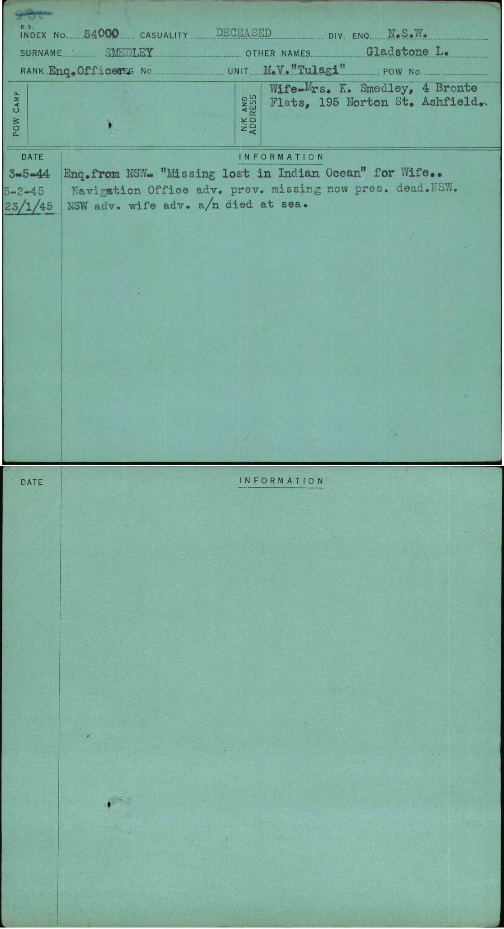 Smedley, Gladstone L, [No Service Number]