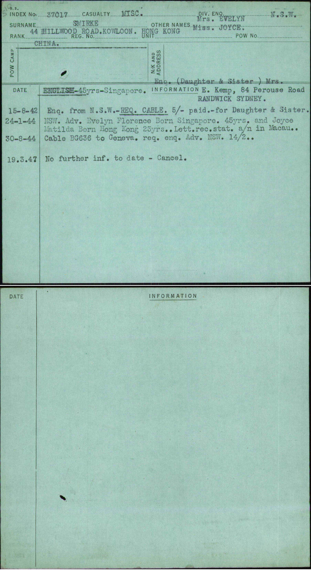 Smirke, Mrs Evelyn Miss Joyce, [No Service Number]